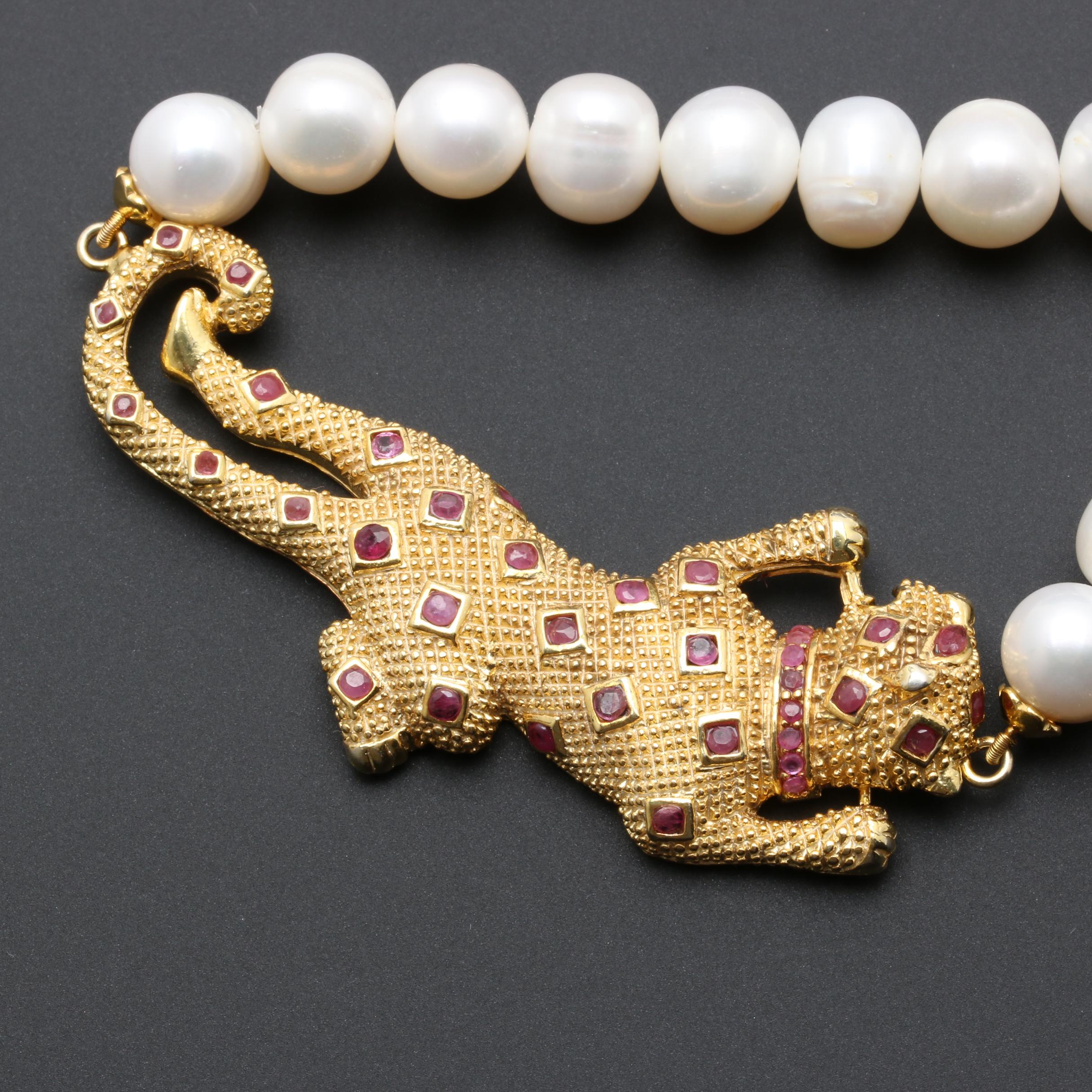 Gold Wash on Sterling Silver Cultured Pearl and Ruby Necklace