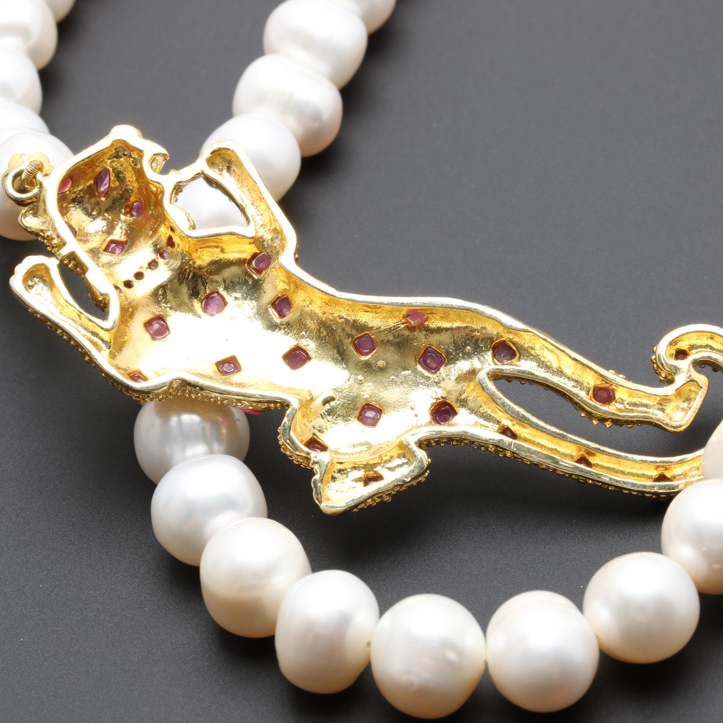 Gold Wash on Sterling Silver Cultured Pearl and Ruby Necklace