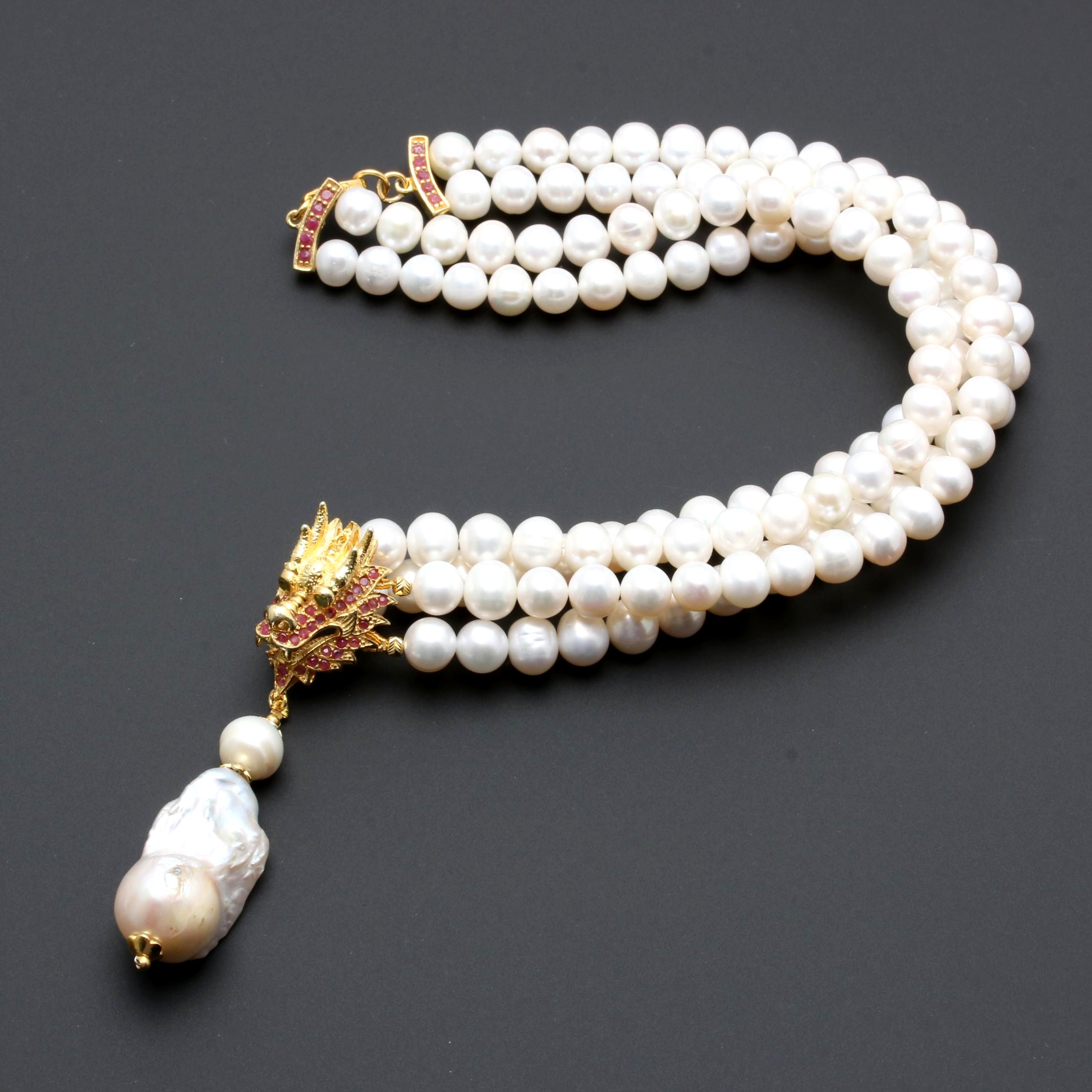 Sterling Silver Cultured Pearl, Emerald and Ruby Dragon Necklace