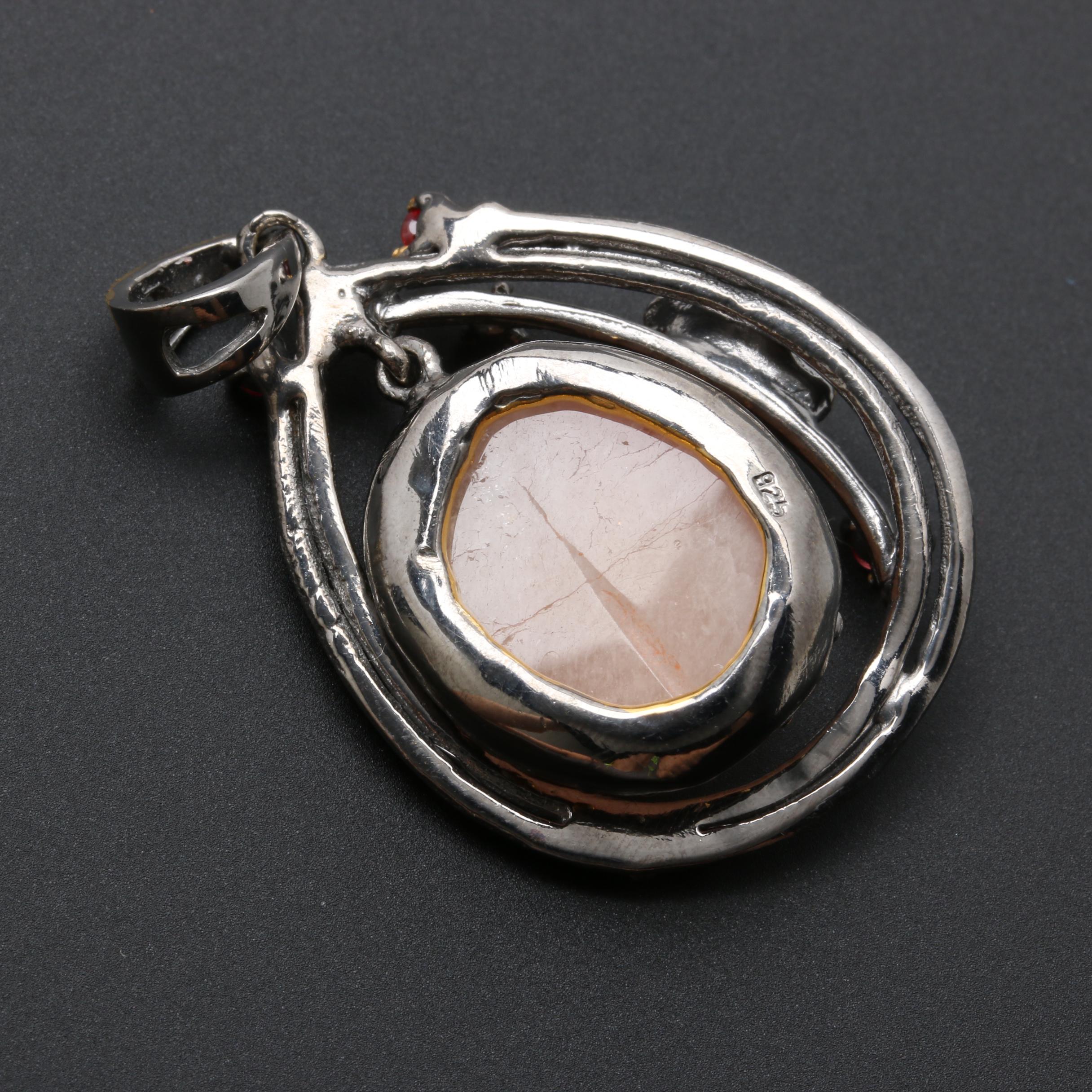 Sterling Silver Ring and Pendant with Rose Quartz and Fancy Colored Sapphires