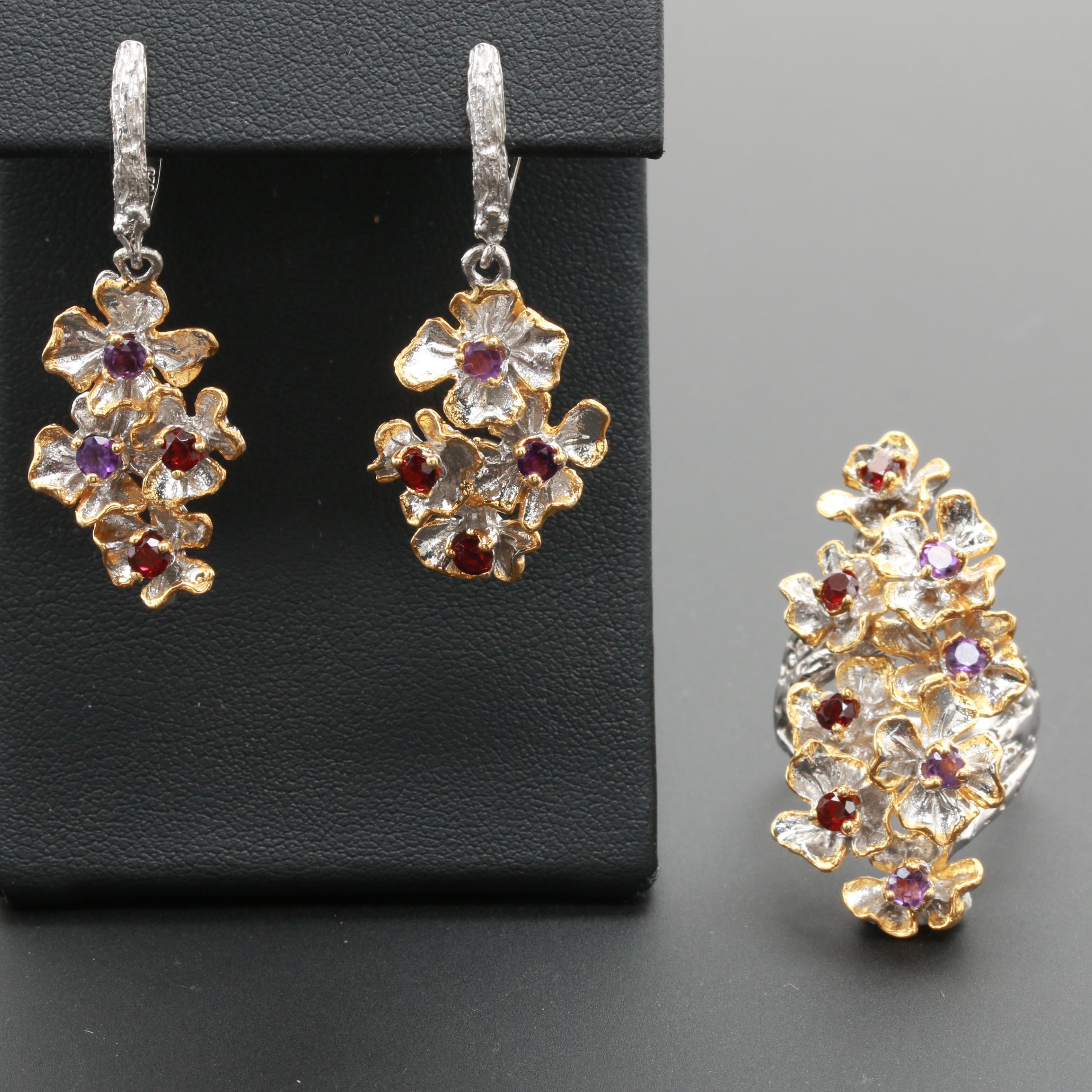 Sterling Silver Cultured Pearl and Multi-Gemstone Floral Demi Parure