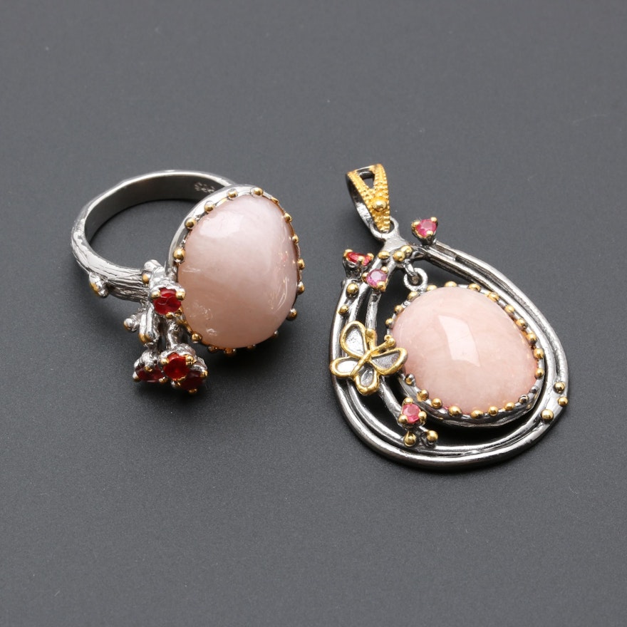 Sterling Silver Ring and Pendant with Rose Quartz and Fancy Colored Sapphires