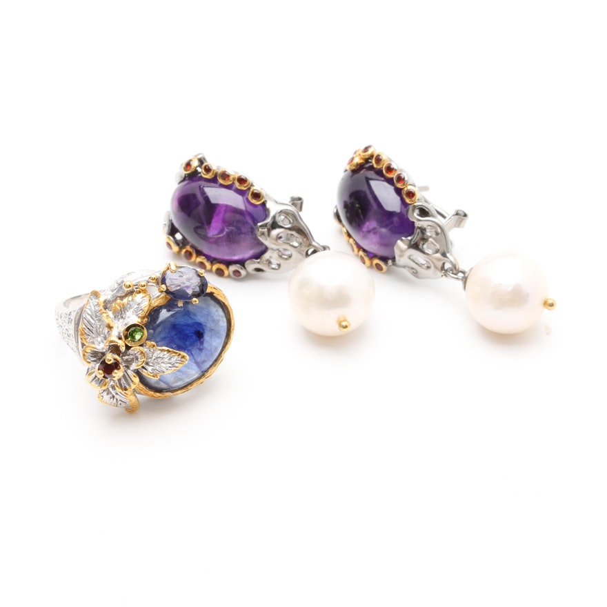 Sterling Silver Cultured Pearl Drop Earrings and Gemstone Ring