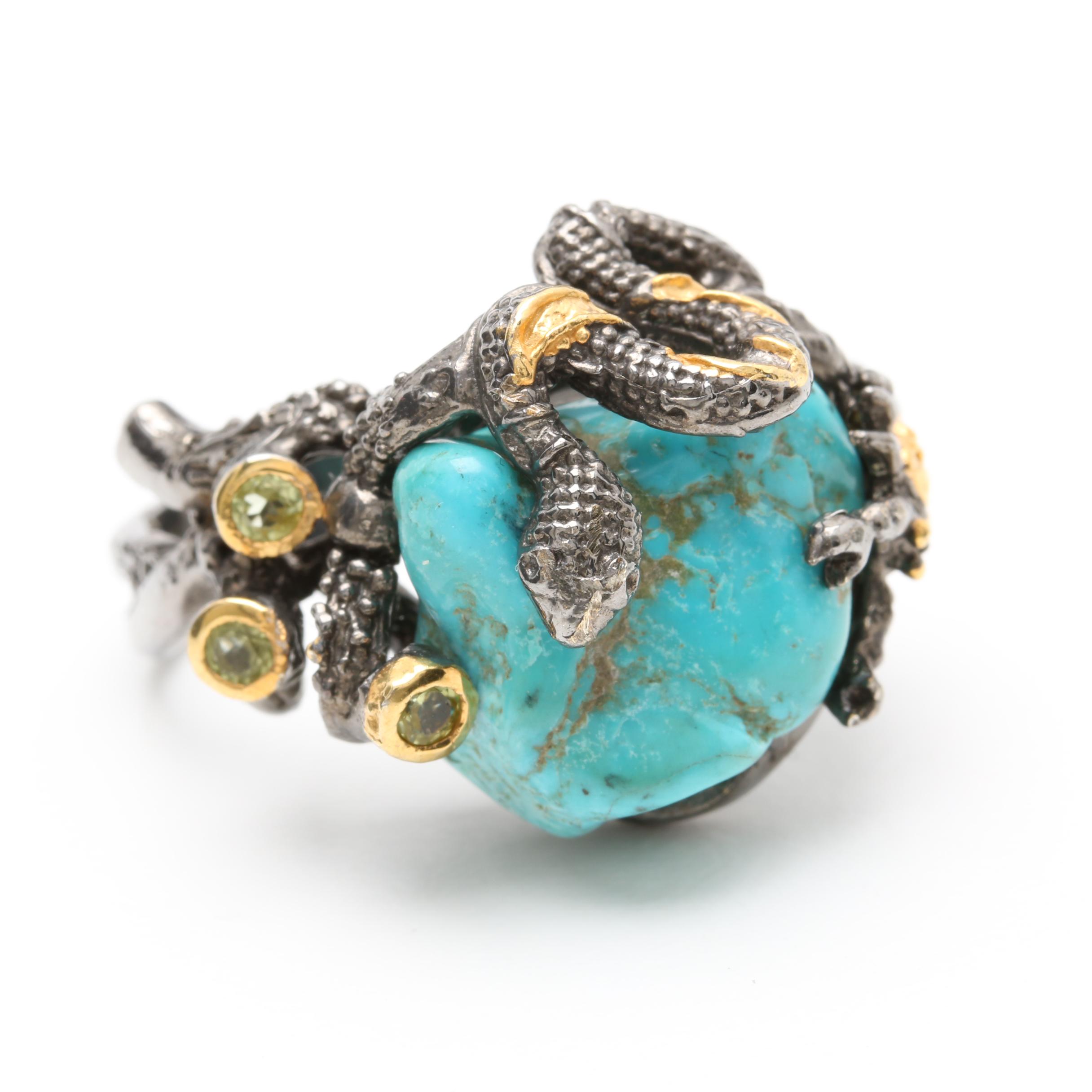 Sterling Silver Turquoise and Peridot Ring with Gold Wash Accents