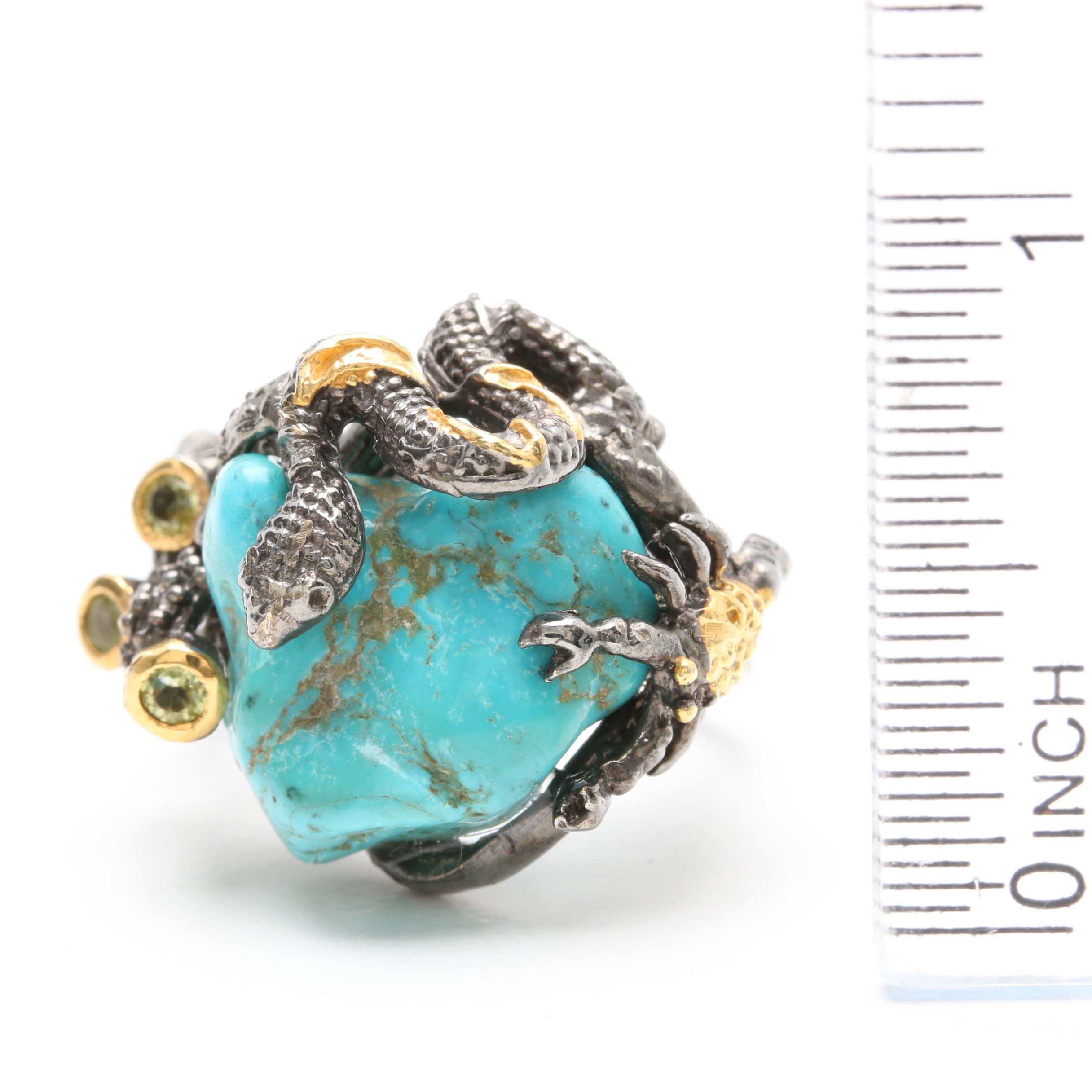 Sterling Silver Turquoise and Peridot Ring with Gold Wash Accents