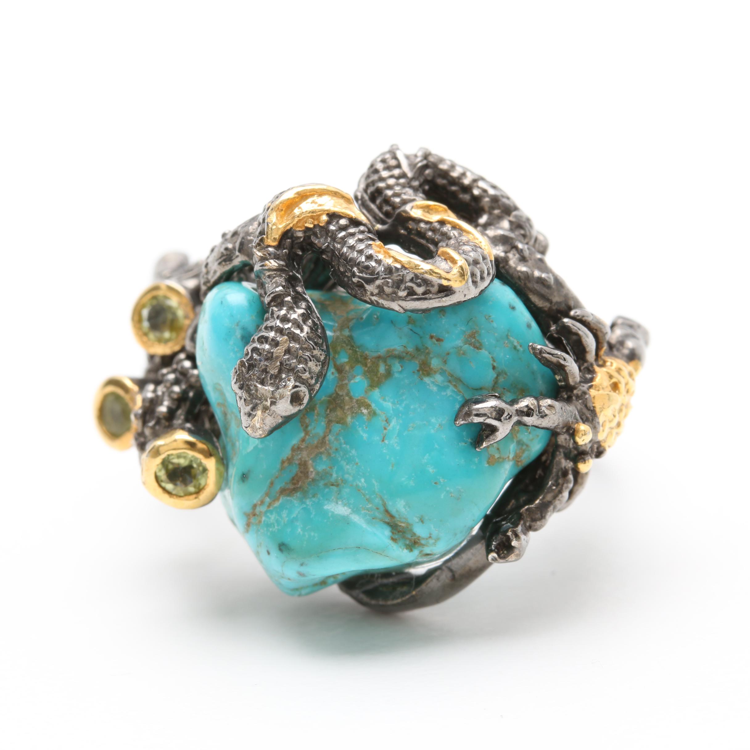 Sterling Silver Turquoise and Peridot Ring with Gold Wash Accents