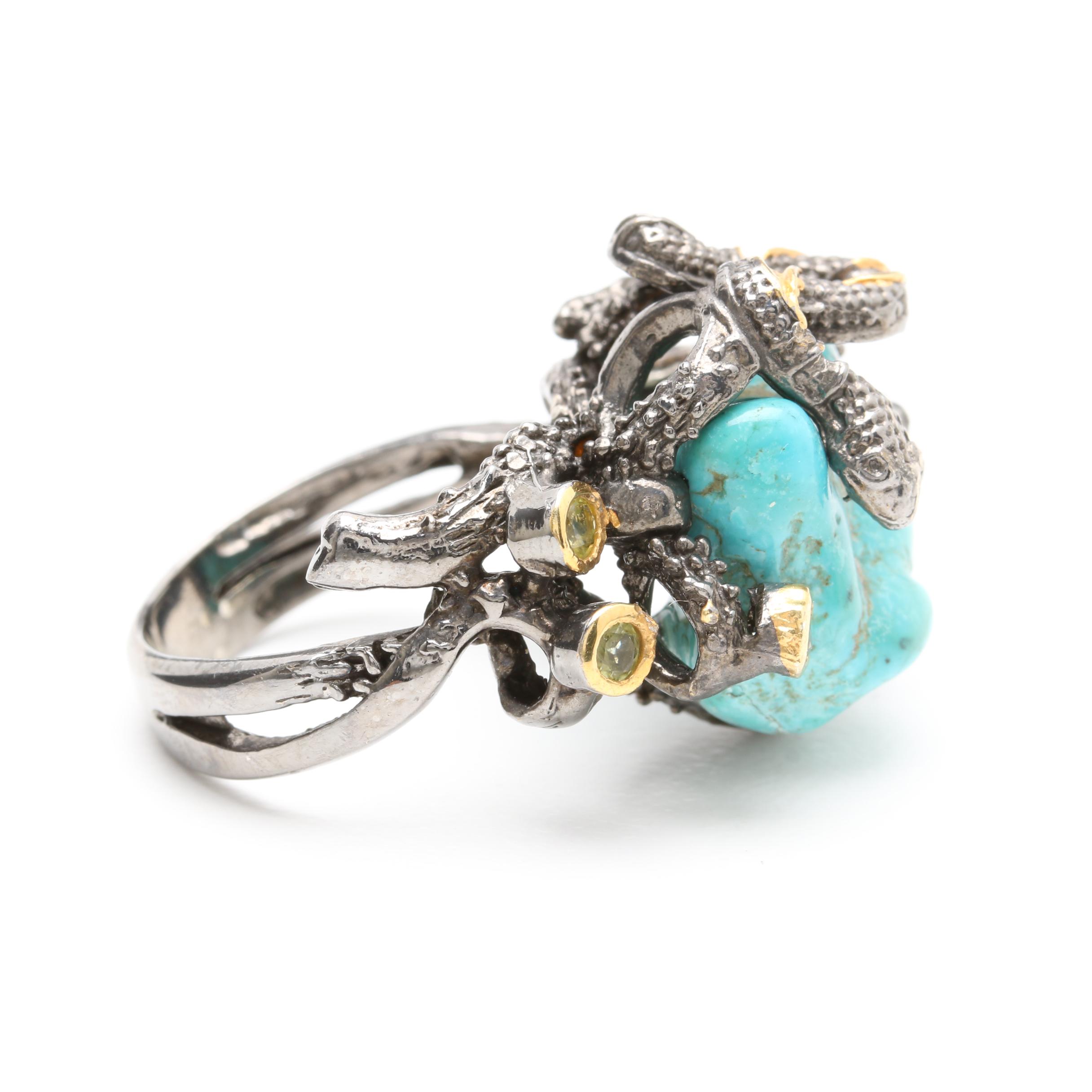 Sterling Silver Turquoise and Peridot Ring with Gold Wash Accents