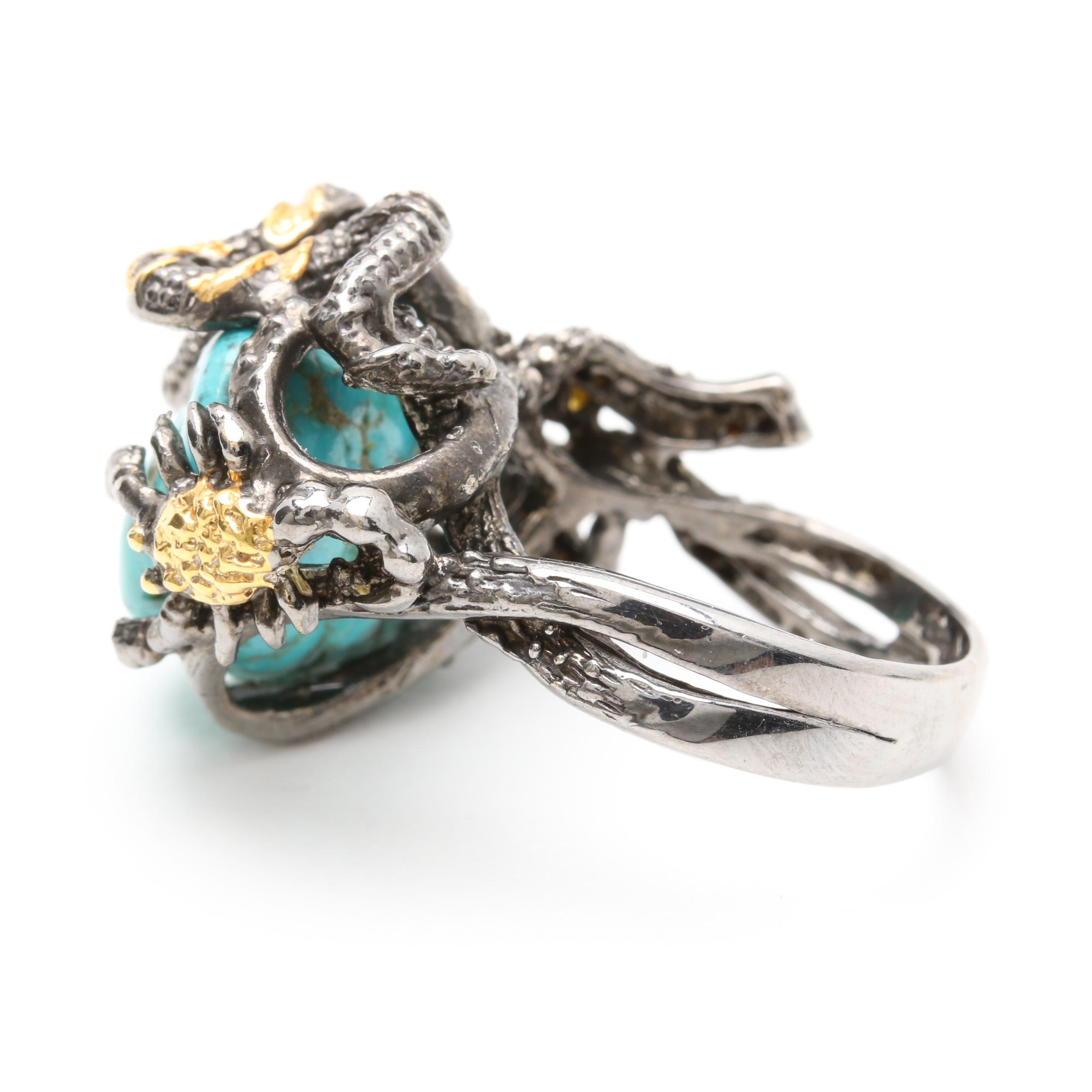 Sterling Silver Turquoise and Peridot Ring with Gold Wash Accents