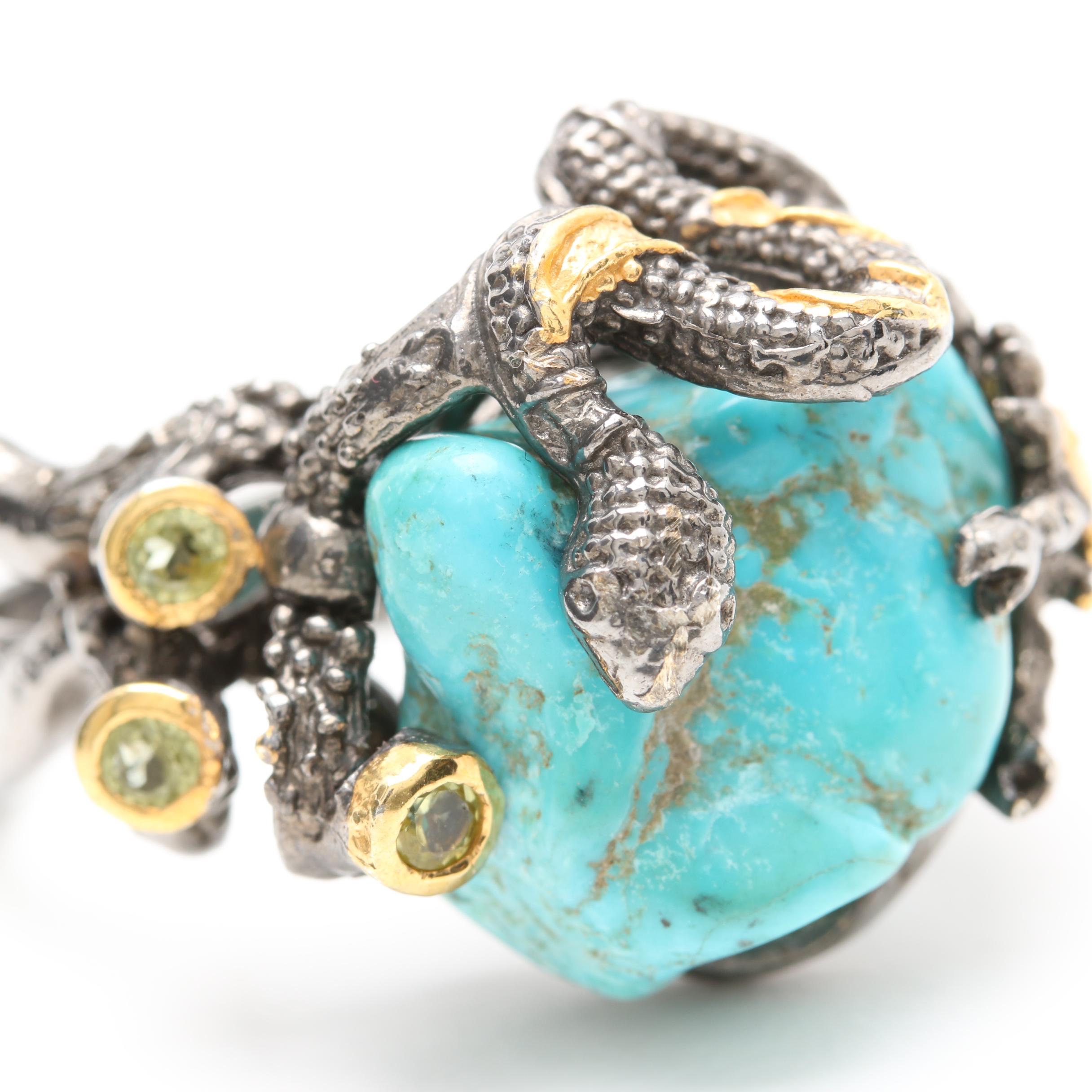 Sterling Silver Turquoise and Peridot Ring with Gold Wash Accents