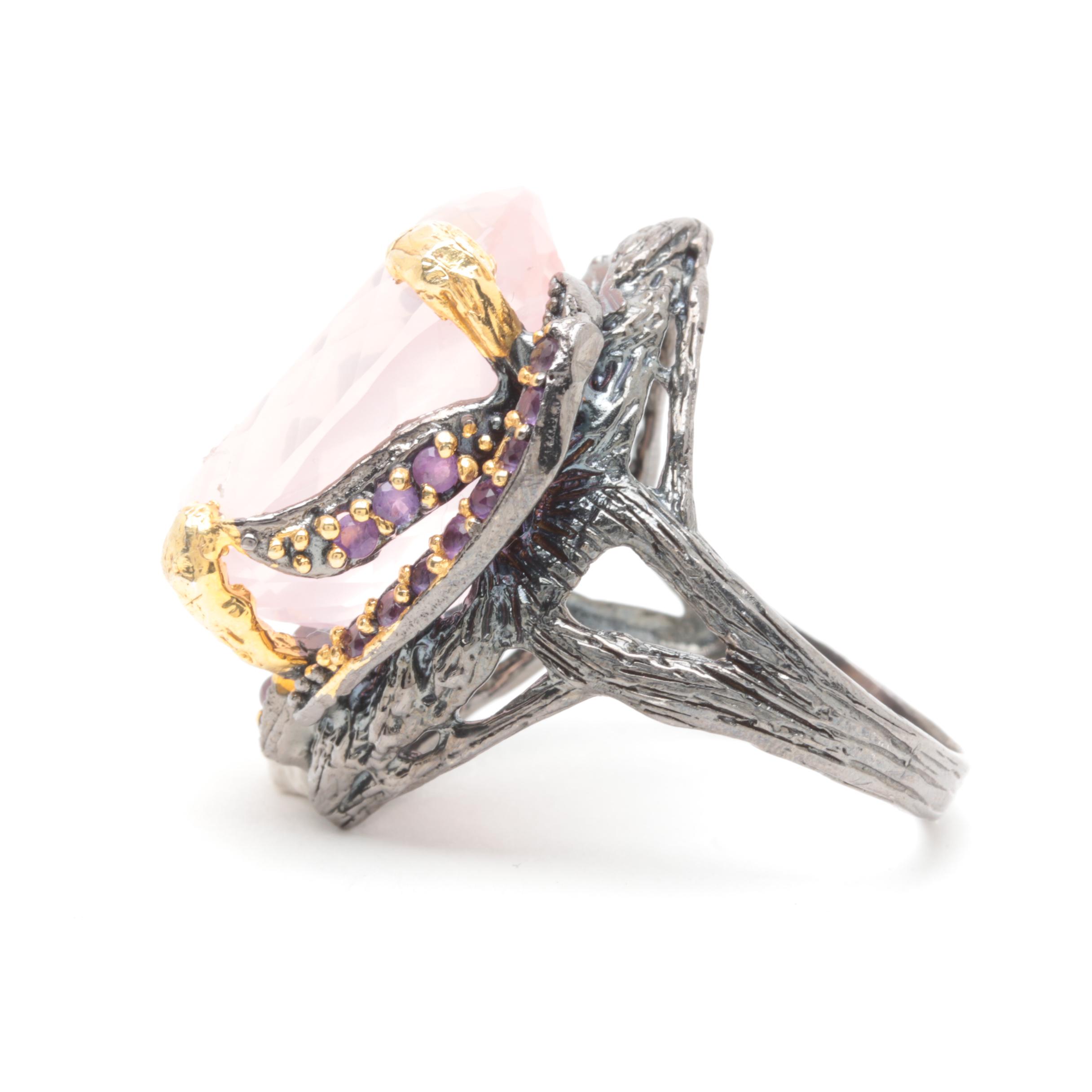 Sterling Silver Gemstone Ring Selection with Rose Quartz and Gold Wash Accents