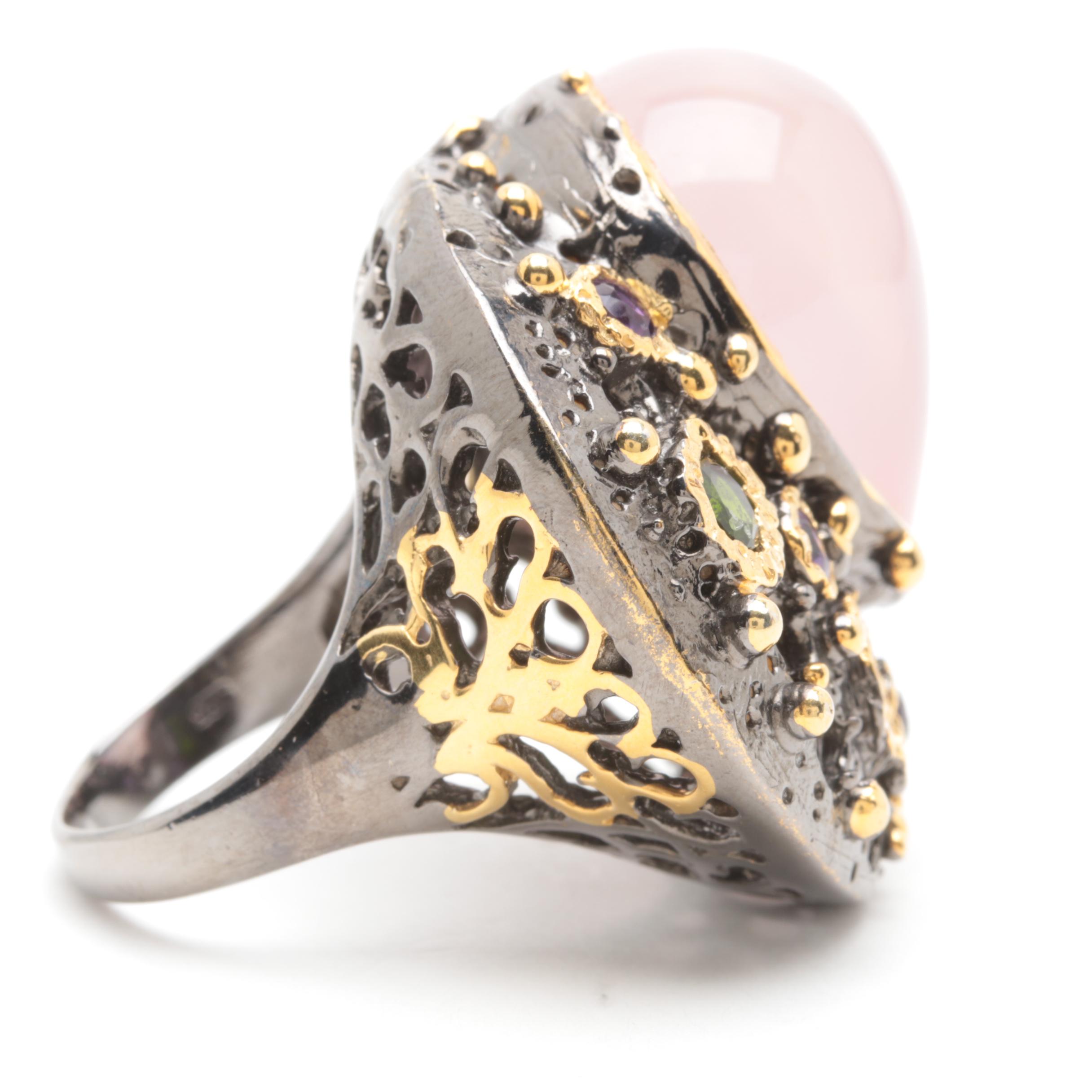 Sterling Silver Gemstone Ring Selection with Rose Quartz and Gold Wash Accents