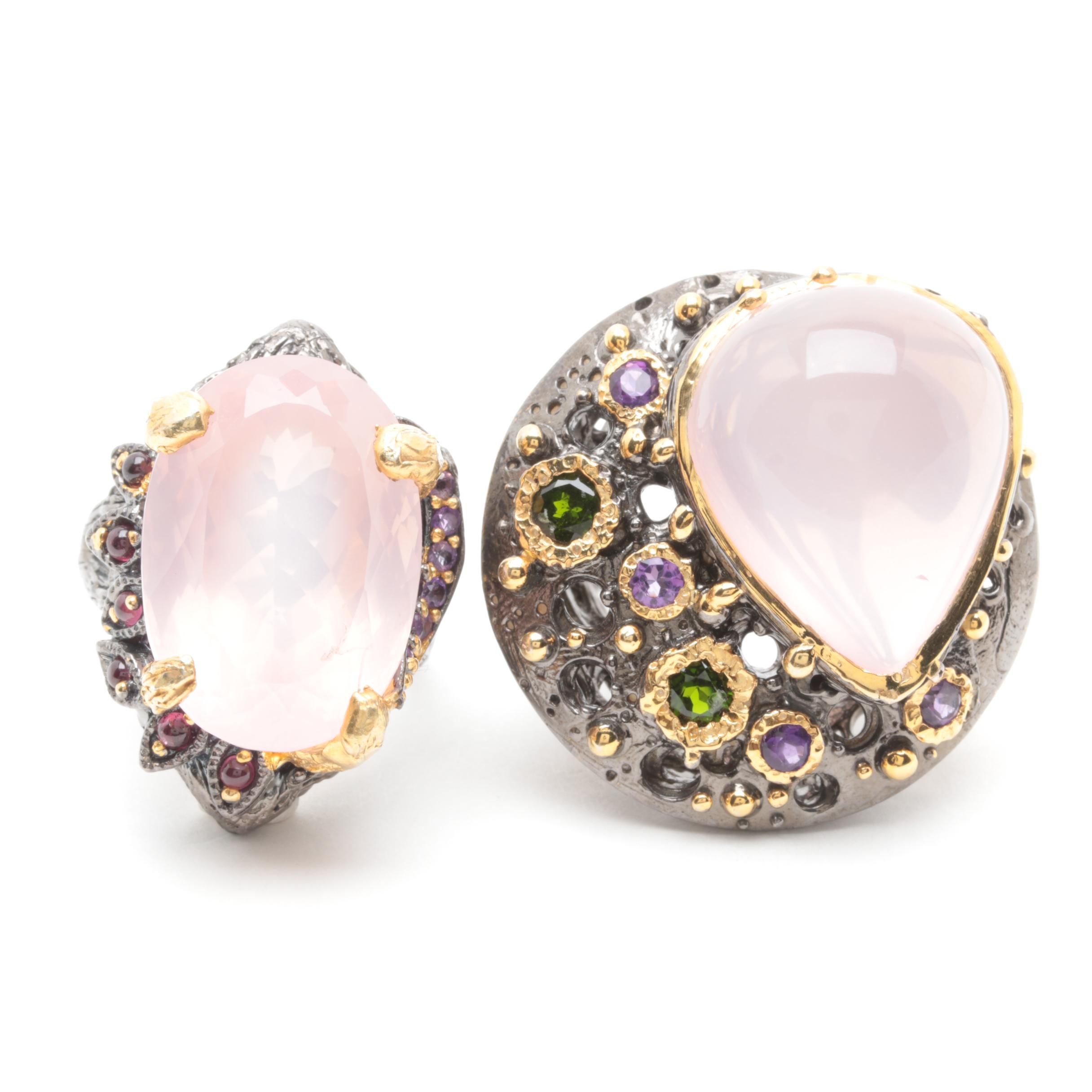 Sterling Silver Gemstone Ring Selection with Rose Quartz and Gold Wash Accents