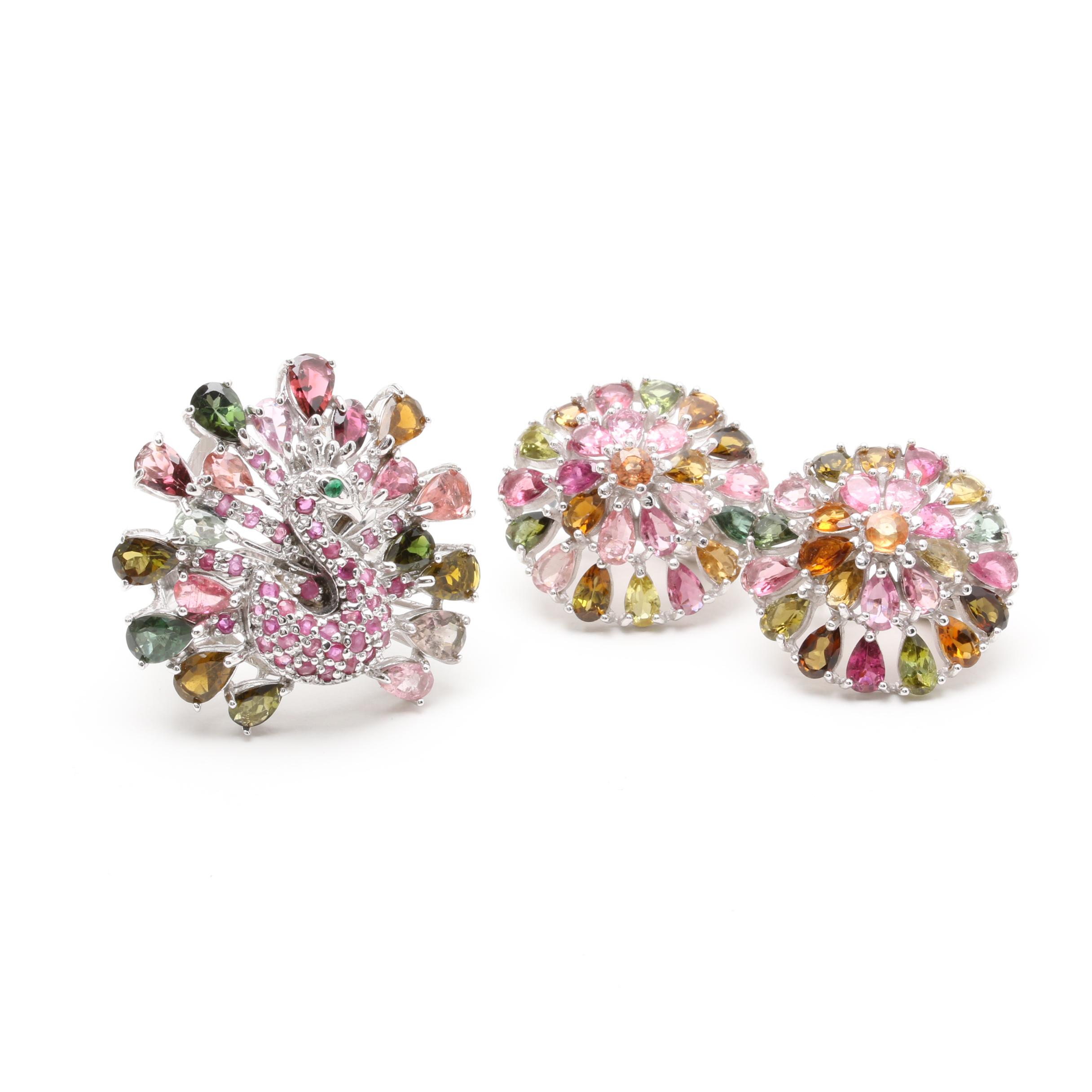 Sterling Silver Tourmaline, Ruby, and Sapphire Peacock Demi Parure