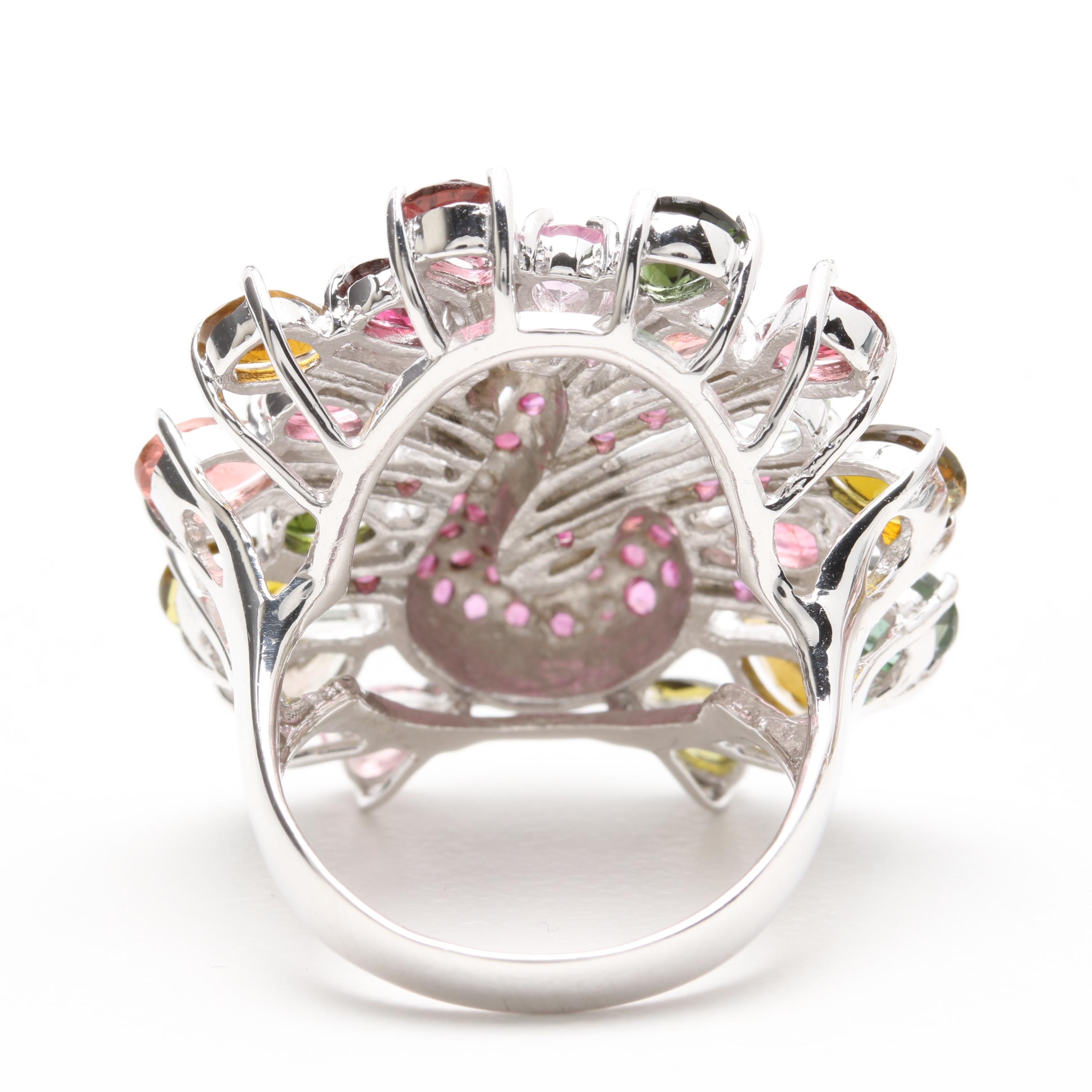 Sterling Silver Tourmaline, Ruby, and Sapphire Peacock Demi Parure