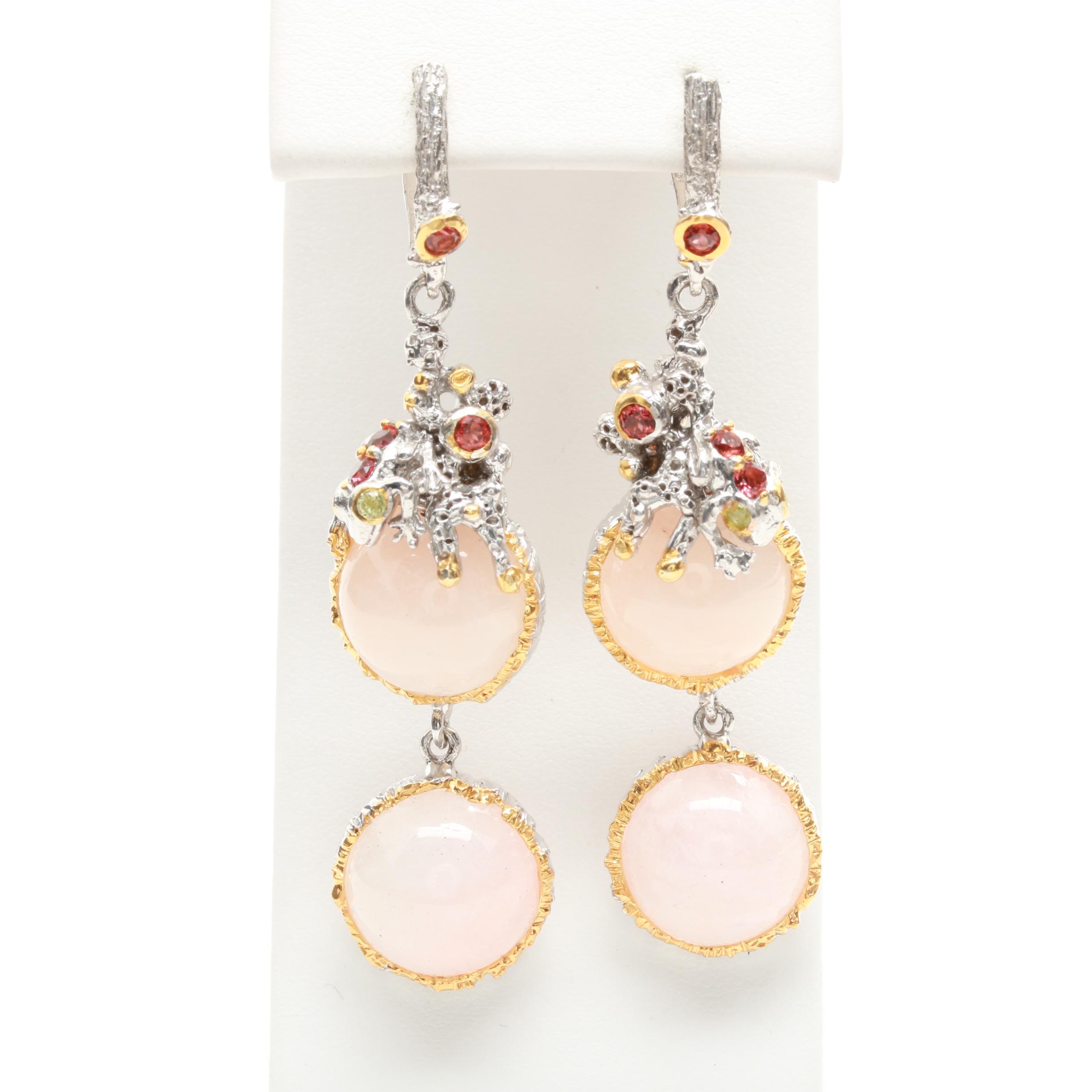 Sterling Silver Rose Quartz, Peridot, and Garnet Drop Earrings