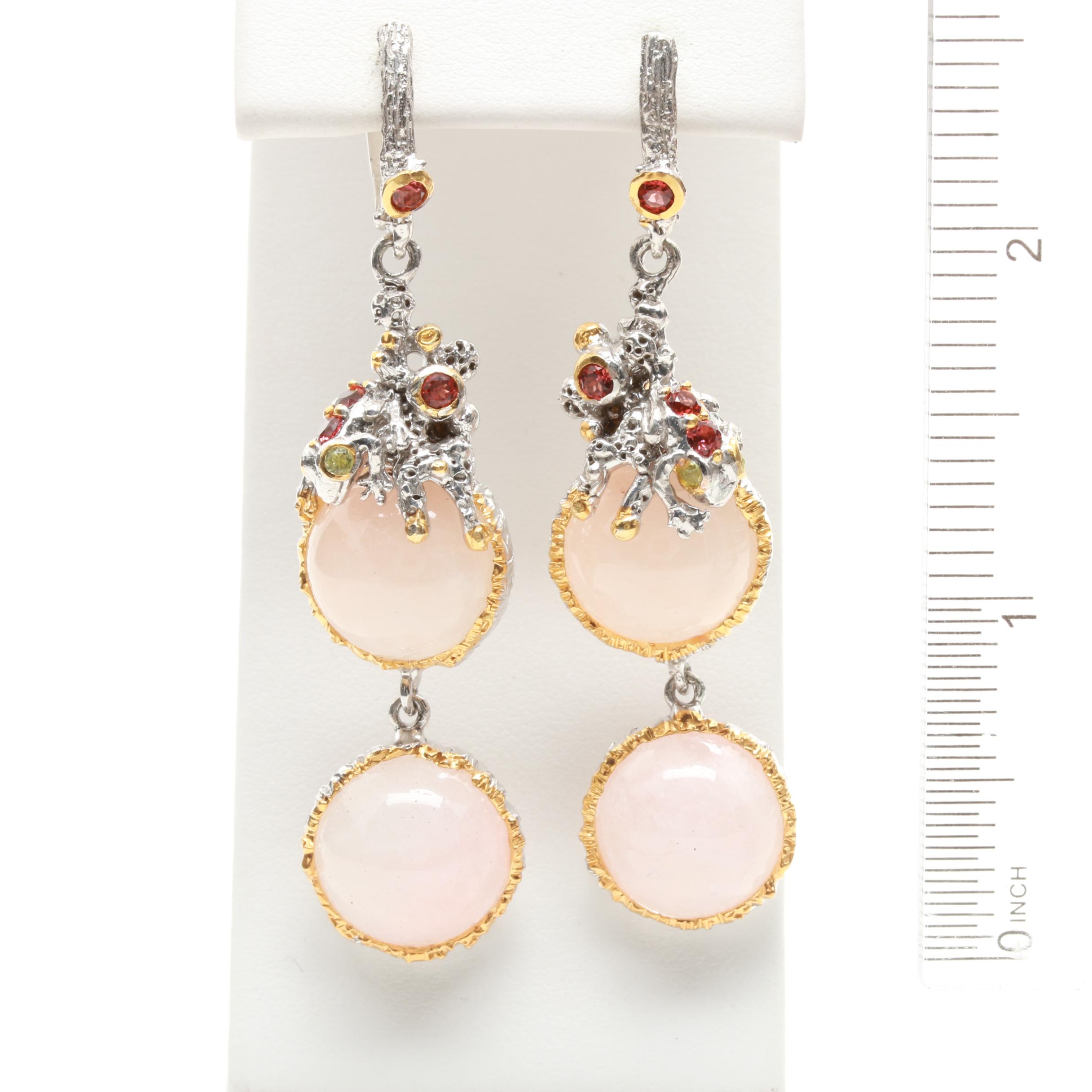 Sterling Silver Rose Quartz, Peridot, and Garnet Drop Earrings