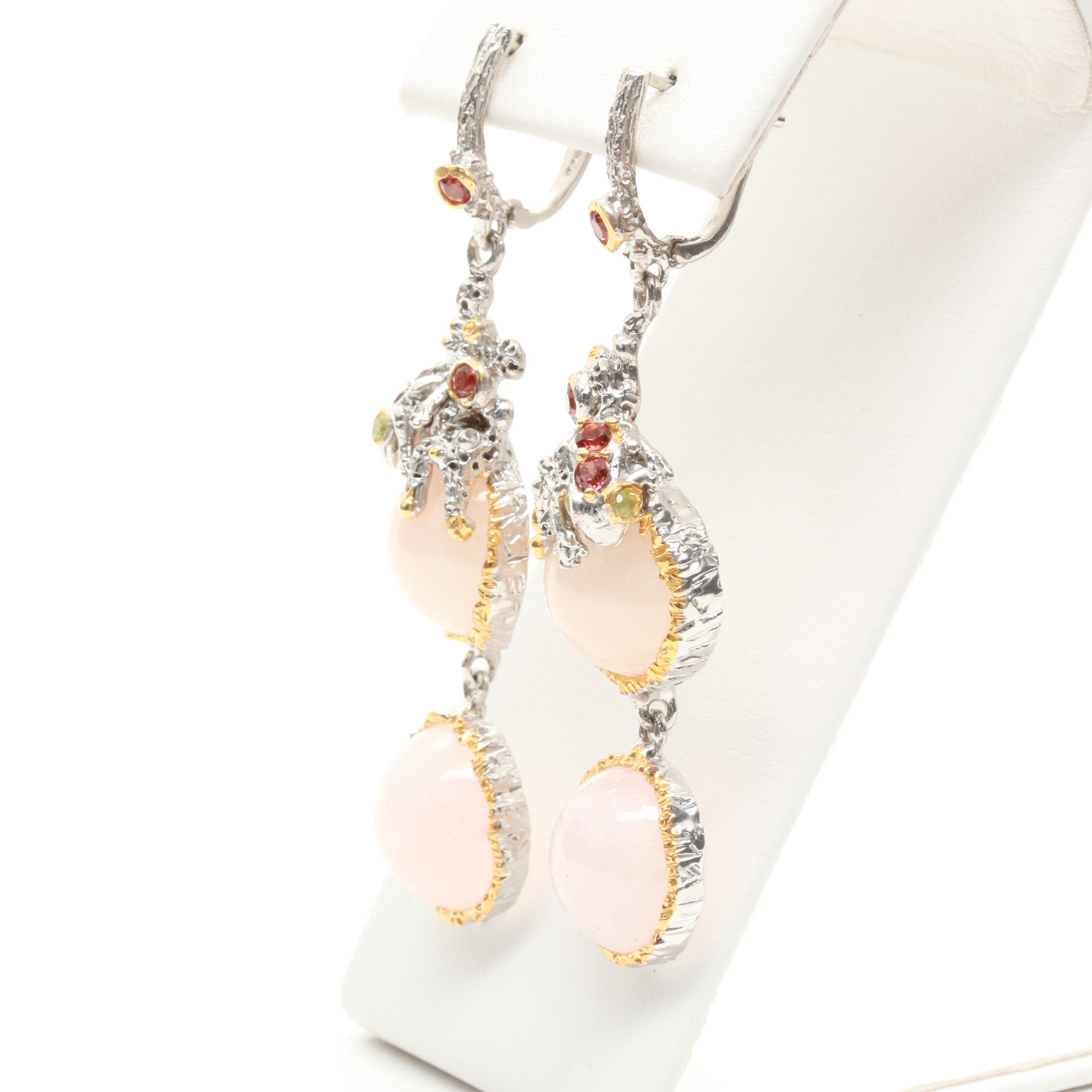 Sterling Silver Rose Quartz, Peridot, and Garnet Drop Earrings