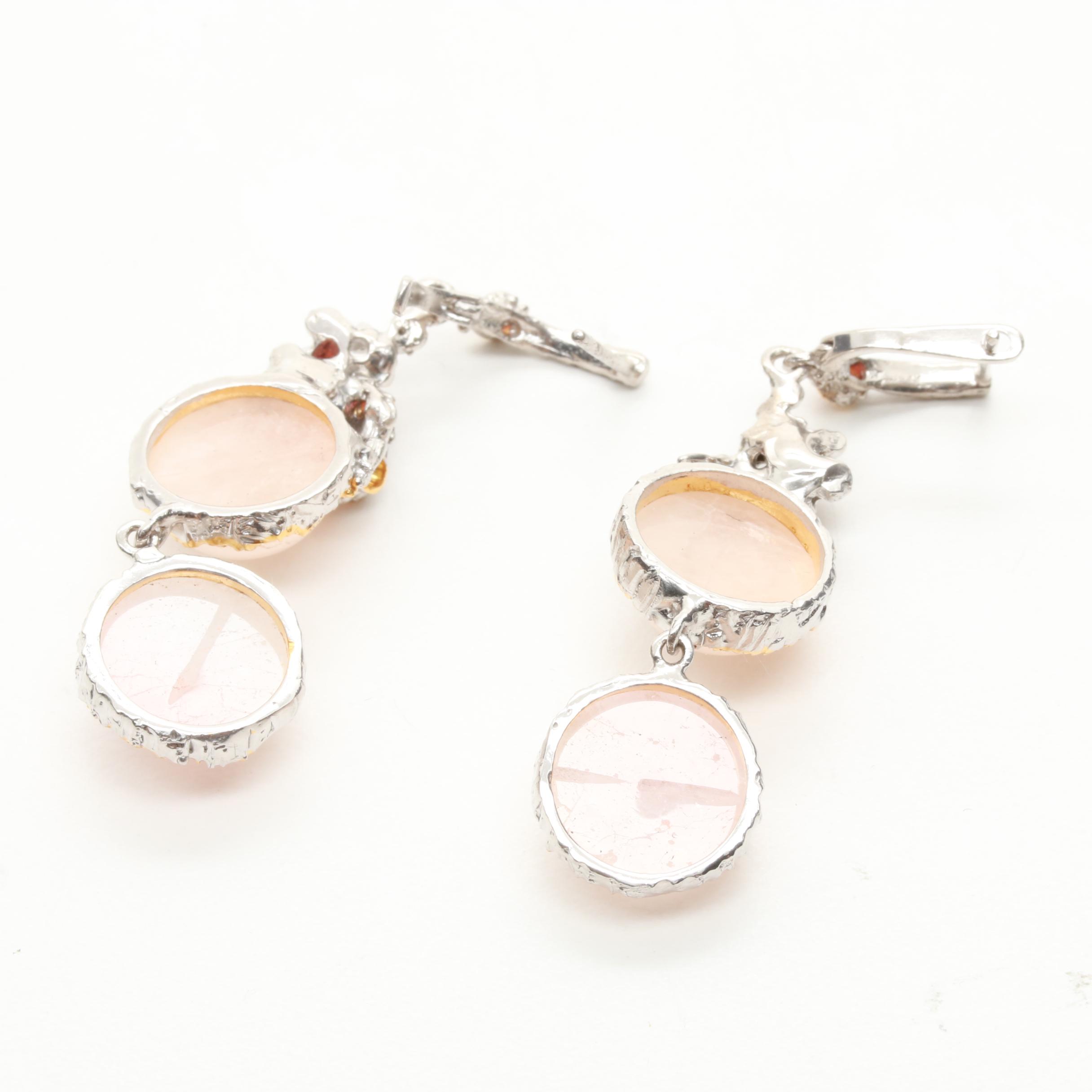 Sterling Silver Rose Quartz, Peridot, and Garnet Drop Earrings