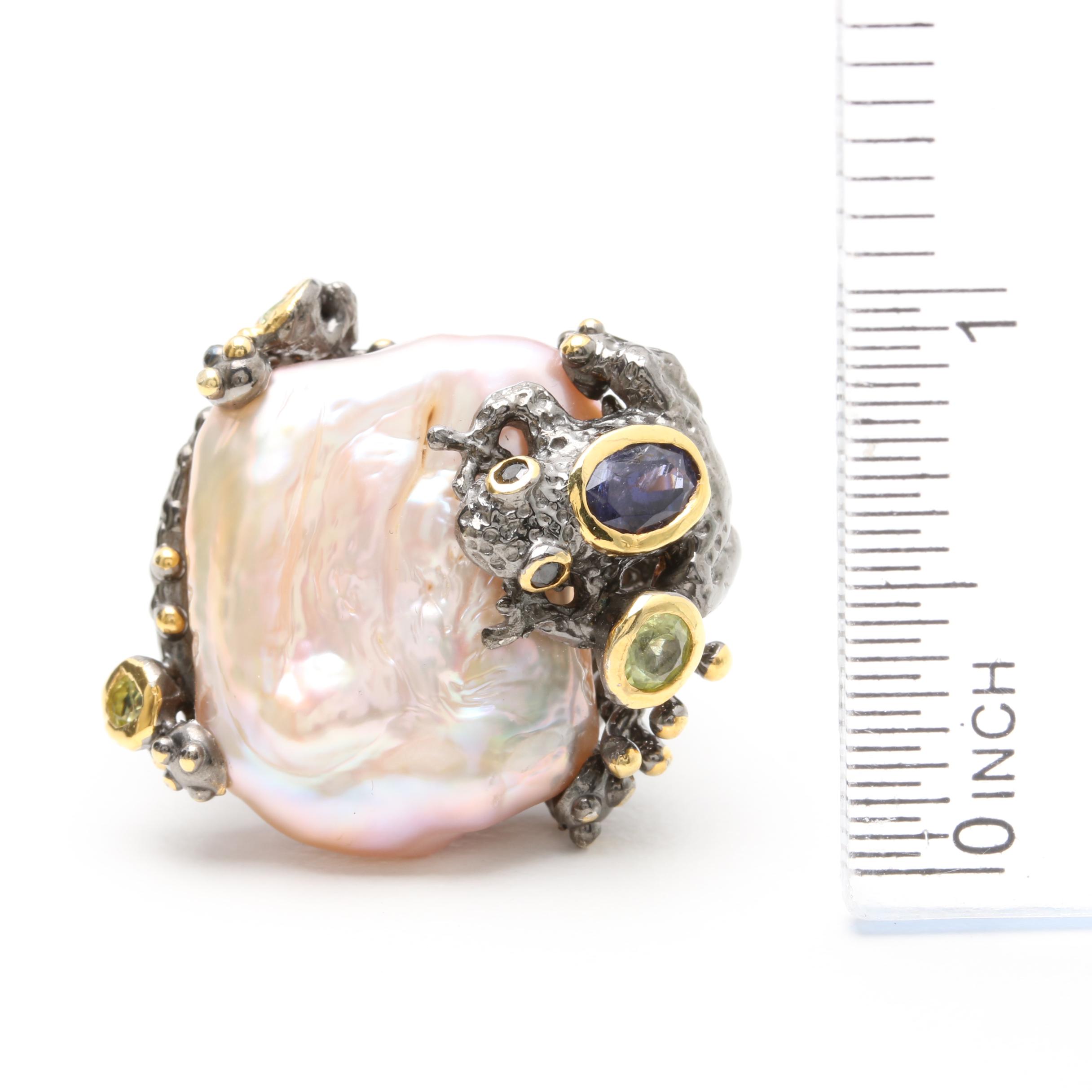 Sterling Silver Cultured Pearl and Gemstone Ring and Earring Set