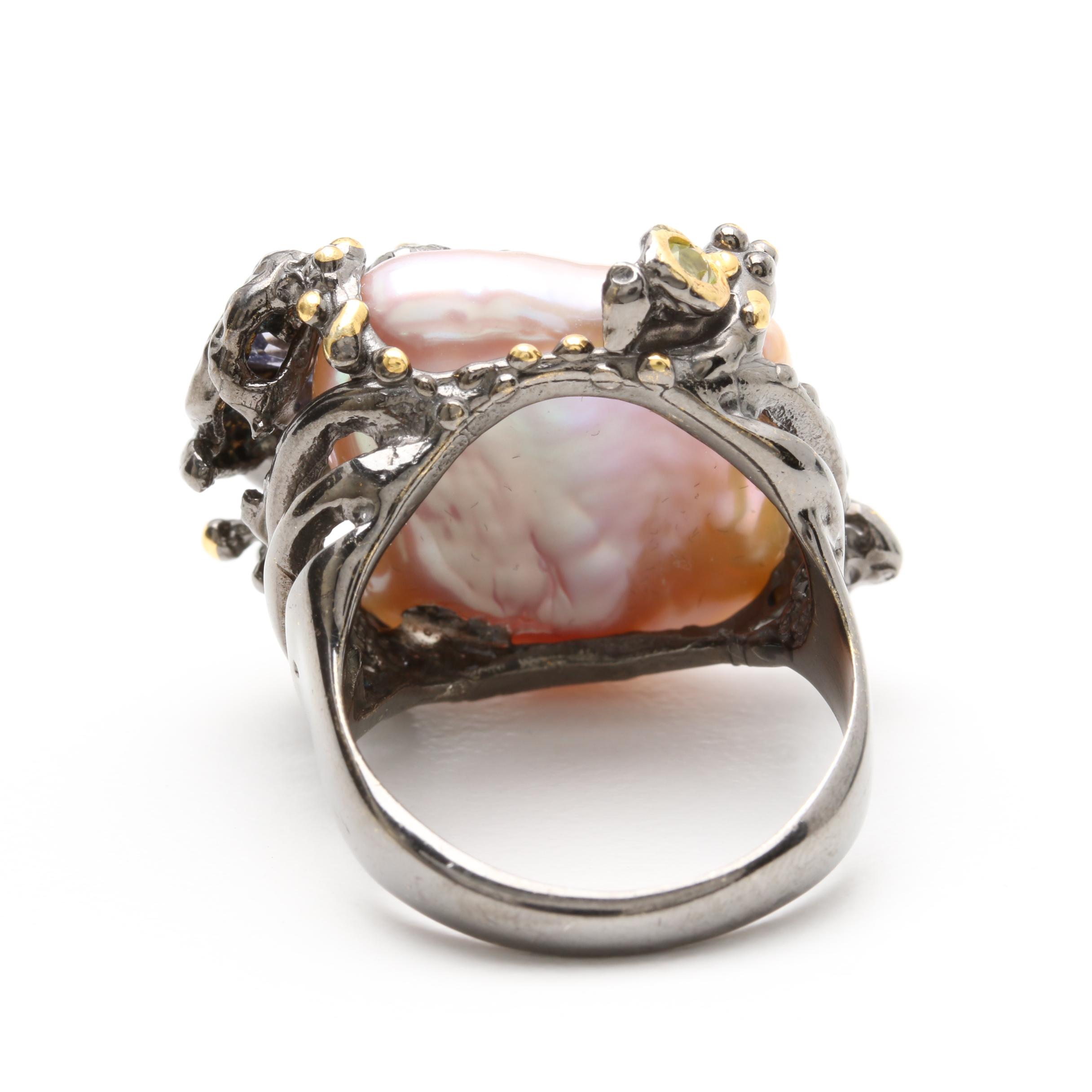 Sterling Silver Cultured Pearl and Gemstone Ring and Earring Set