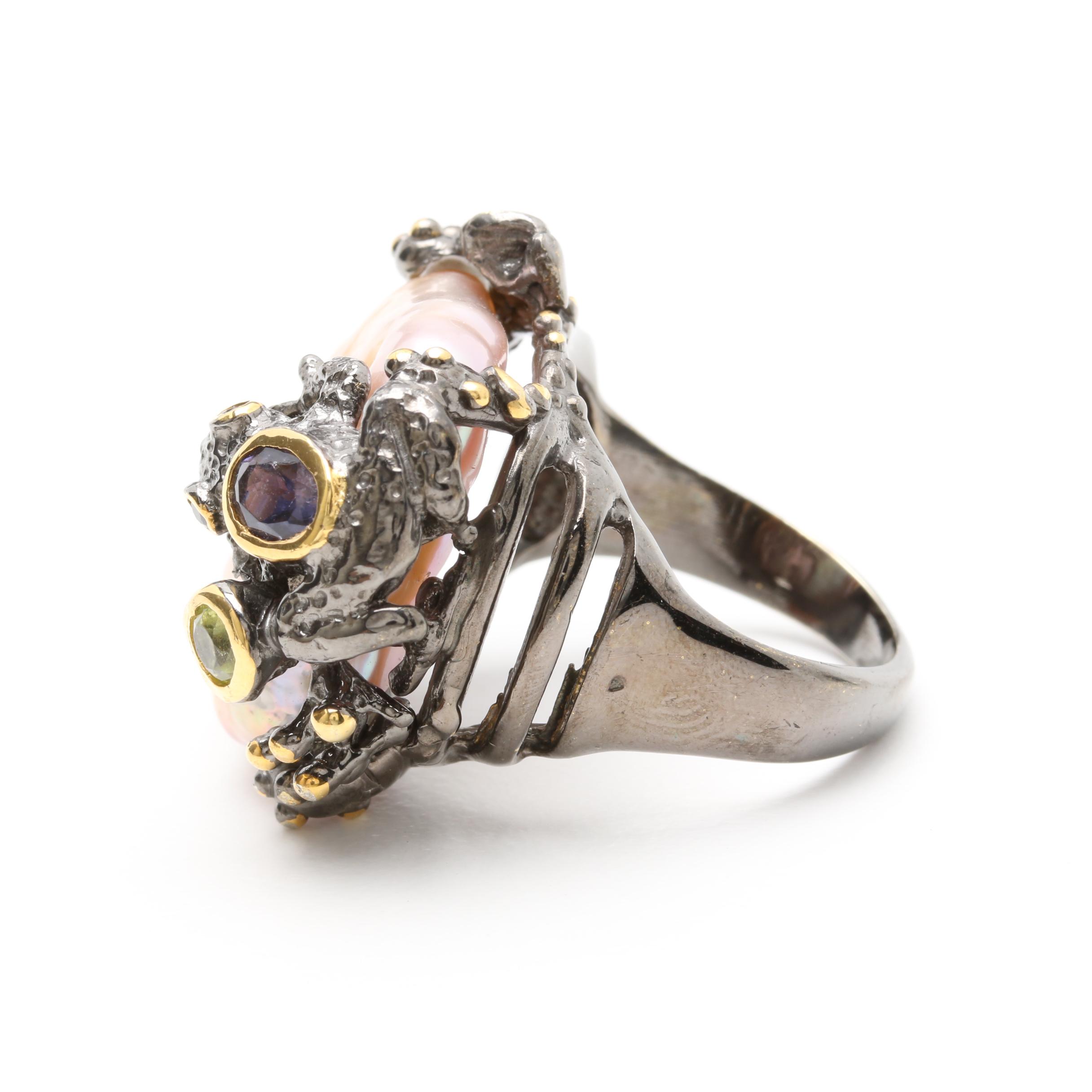 Sterling Silver Cultured Pearl and Gemstone Ring and Earring Set