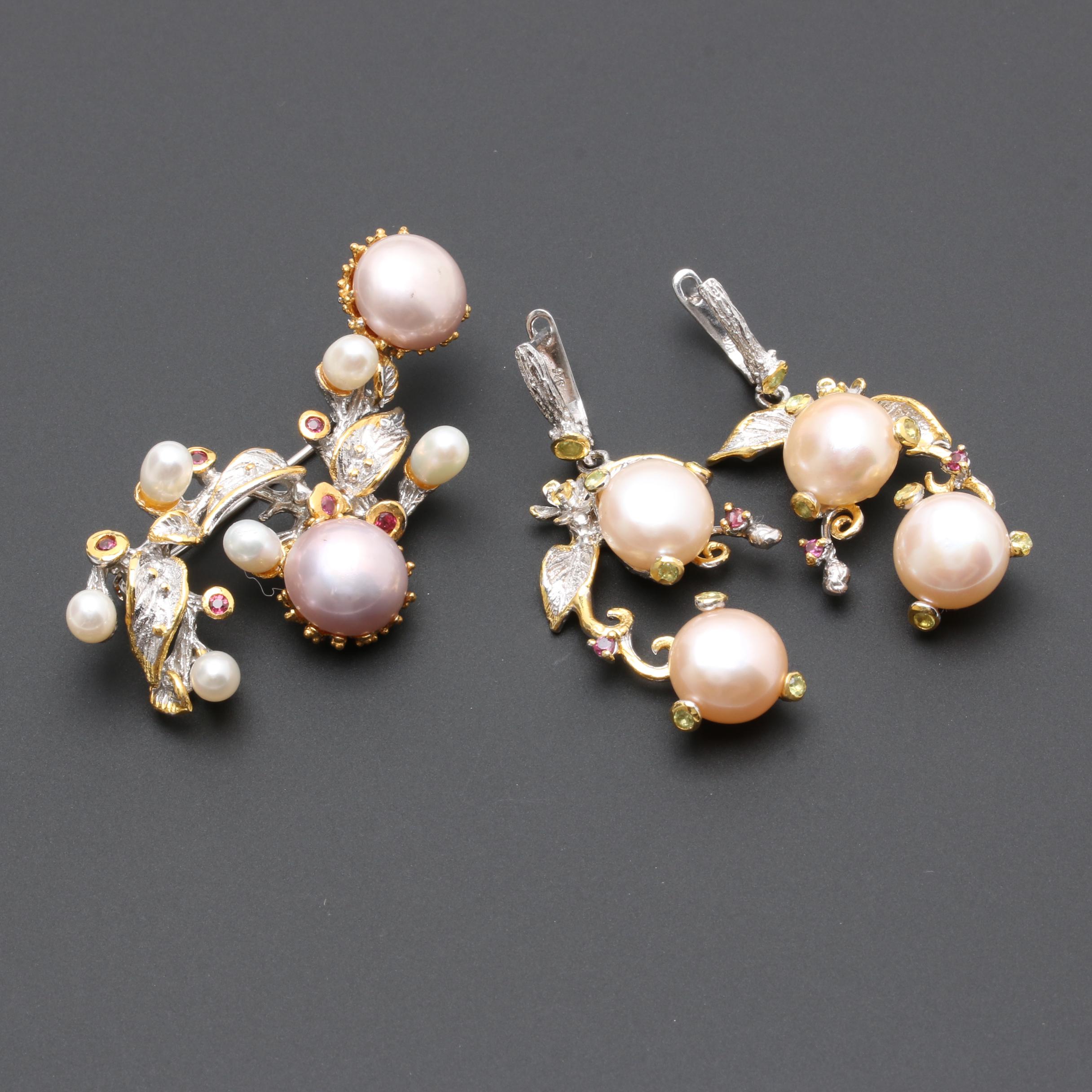 Sterling Silver Cultured Pearl, Garnet, and Peridot Demi Parure