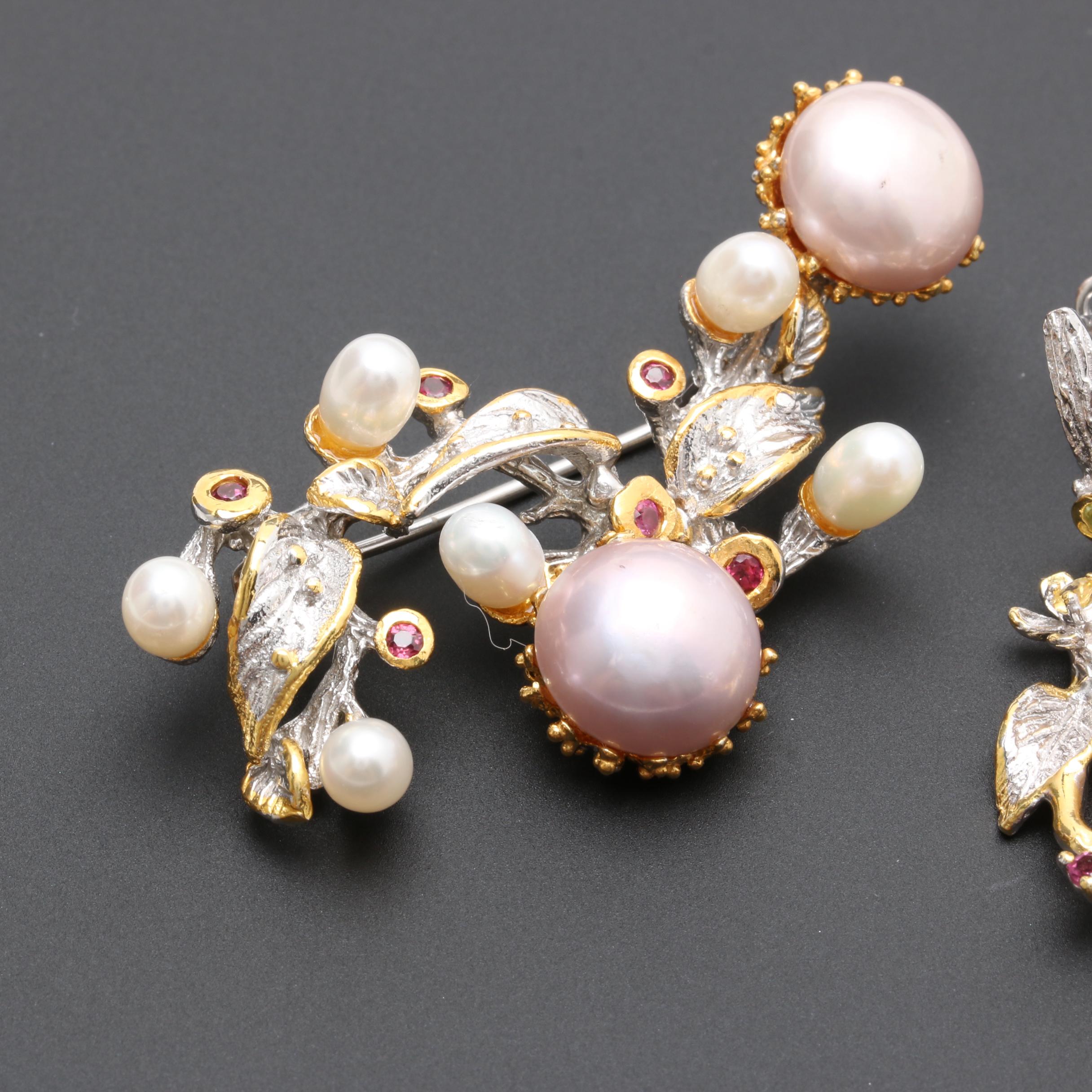 Sterling Silver Cultured Pearl, Garnet, and Peridot Demi Parure