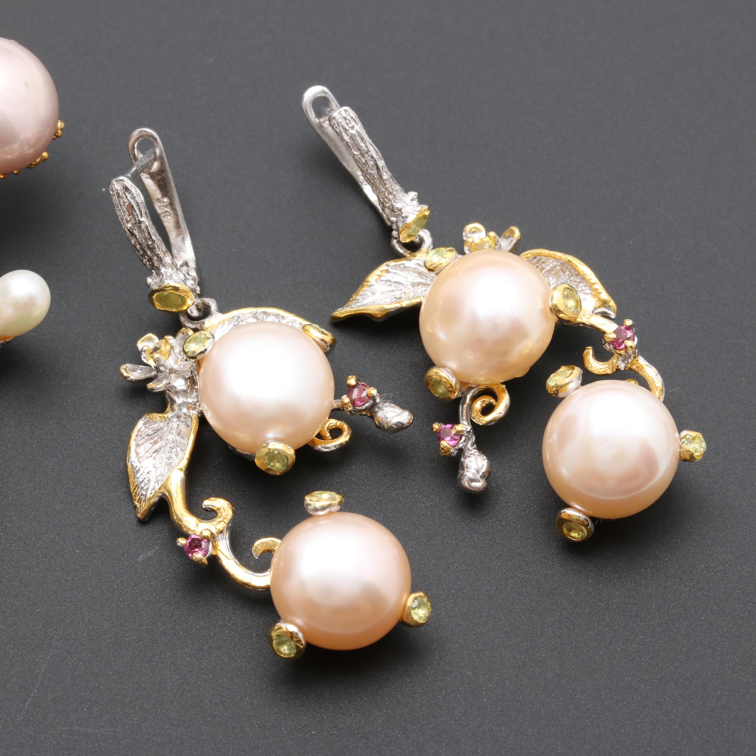 Sterling Silver Cultured Pearl, Garnet, and Peridot Demi Parure