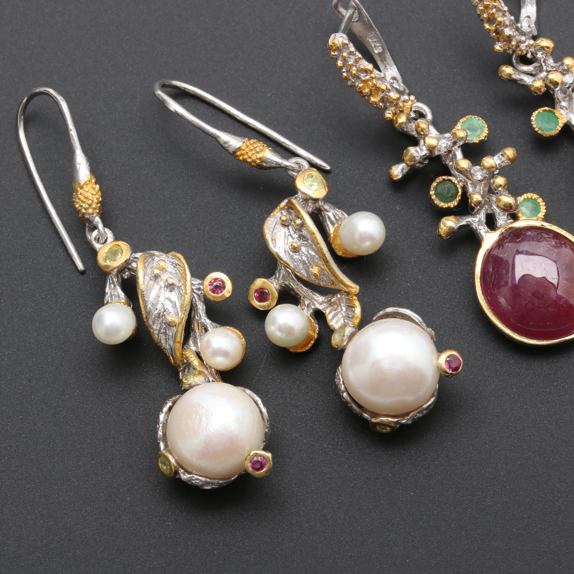 Sterling Silver Cultured Pearl and Gemstone Earrings