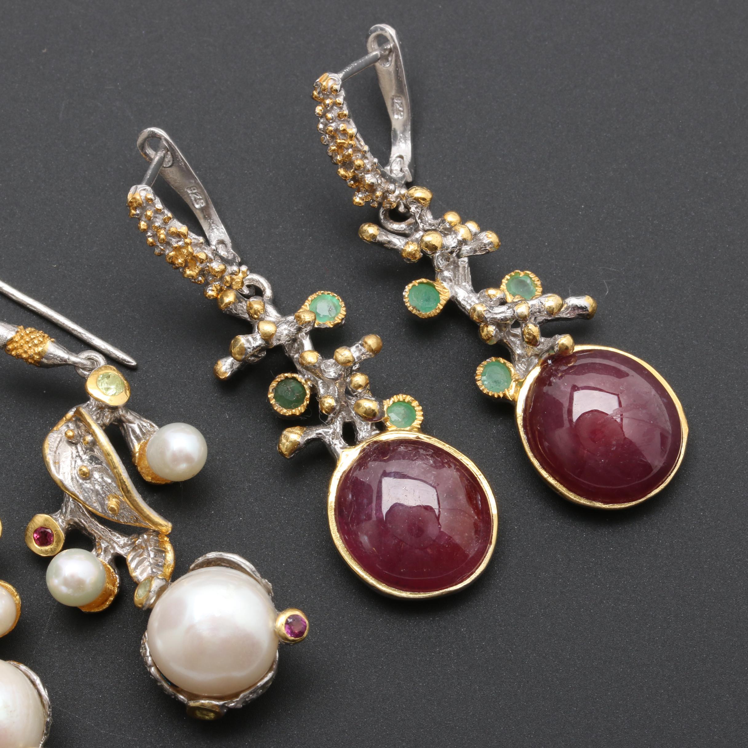 Sterling Silver Cultured Pearl and Gemstone Earrings