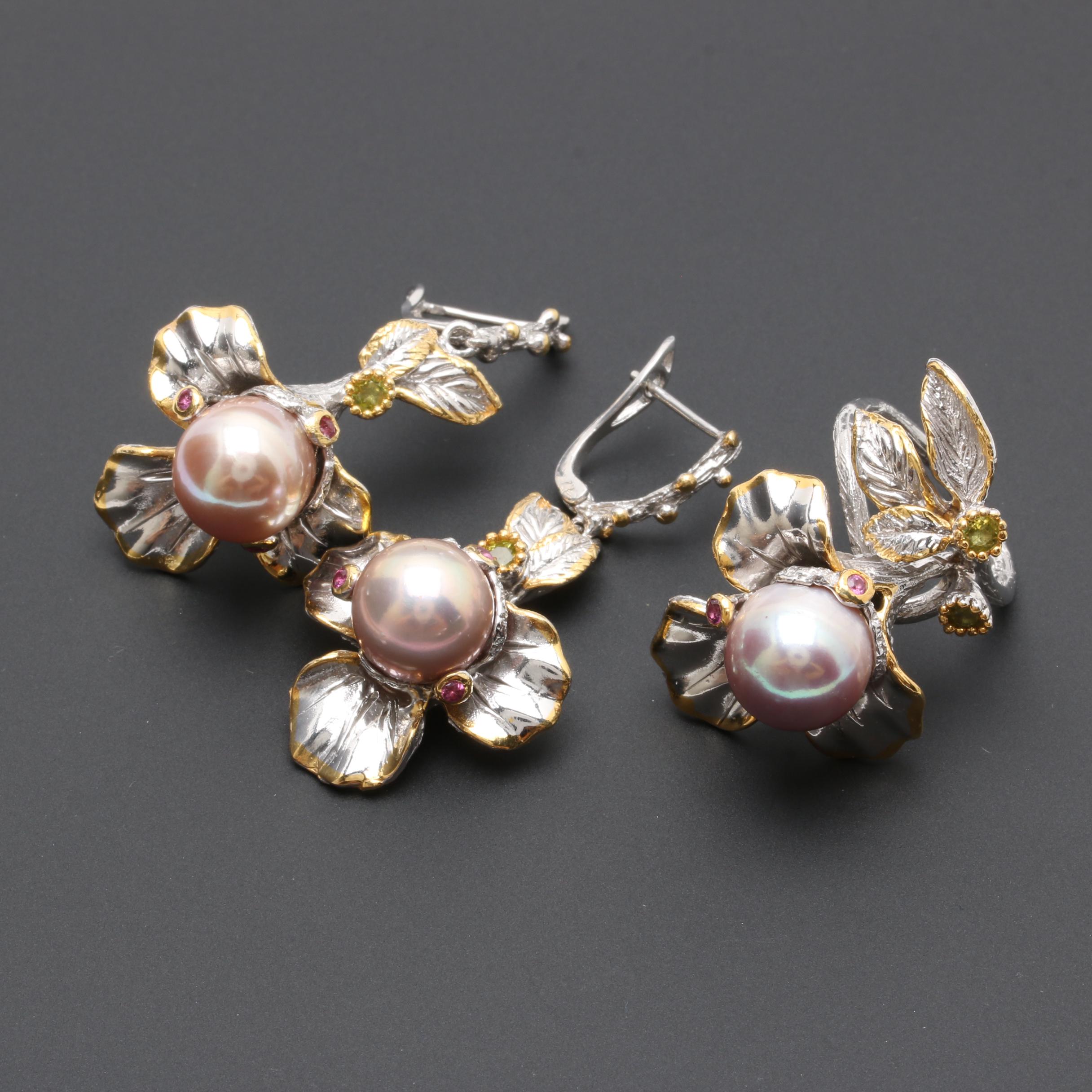 Sterling Silver Cultured Pearl, Peridot, and Garnet Floral Demi Parure