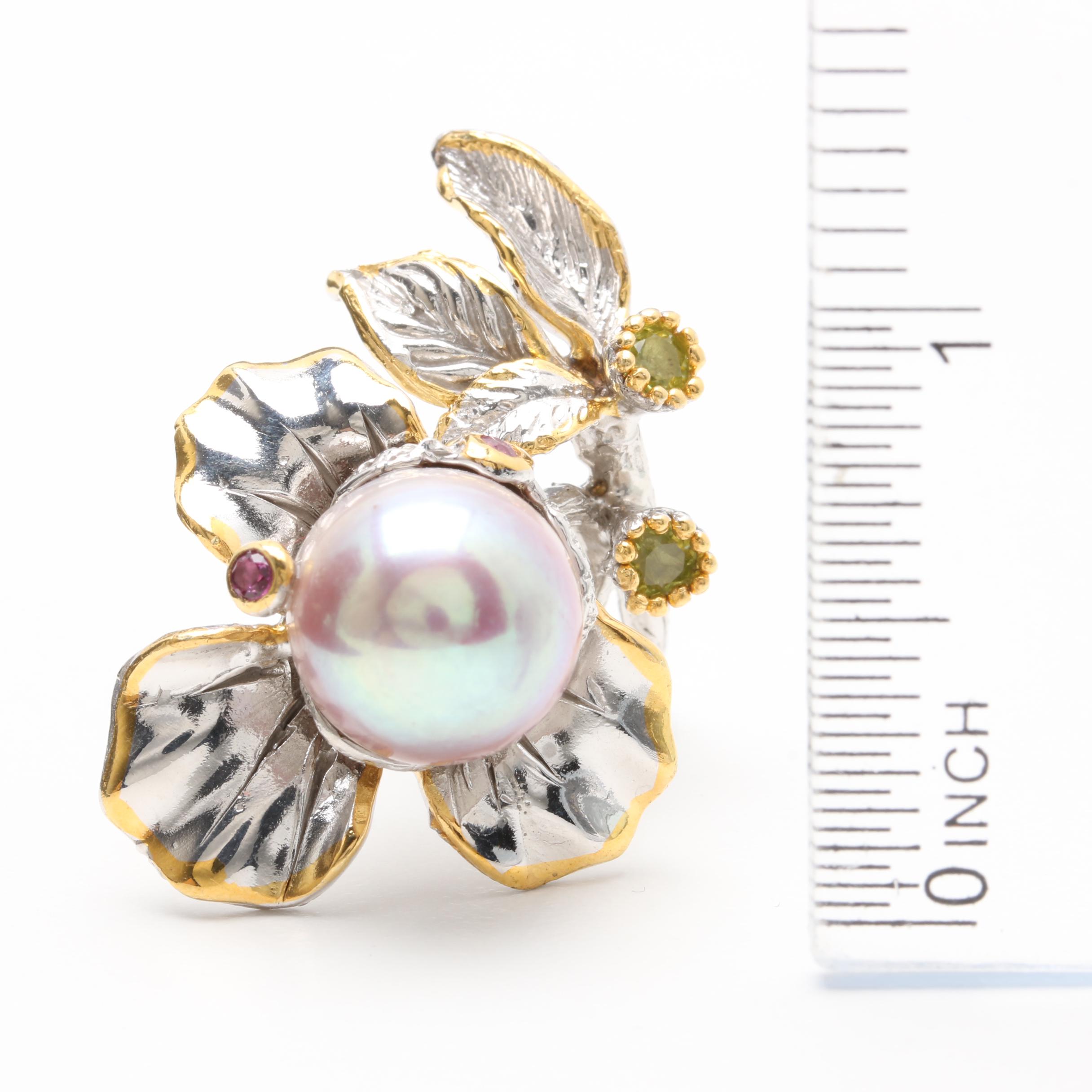 Sterling Silver Cultured Pearl, Peridot, and Garnet Floral Demi Parure