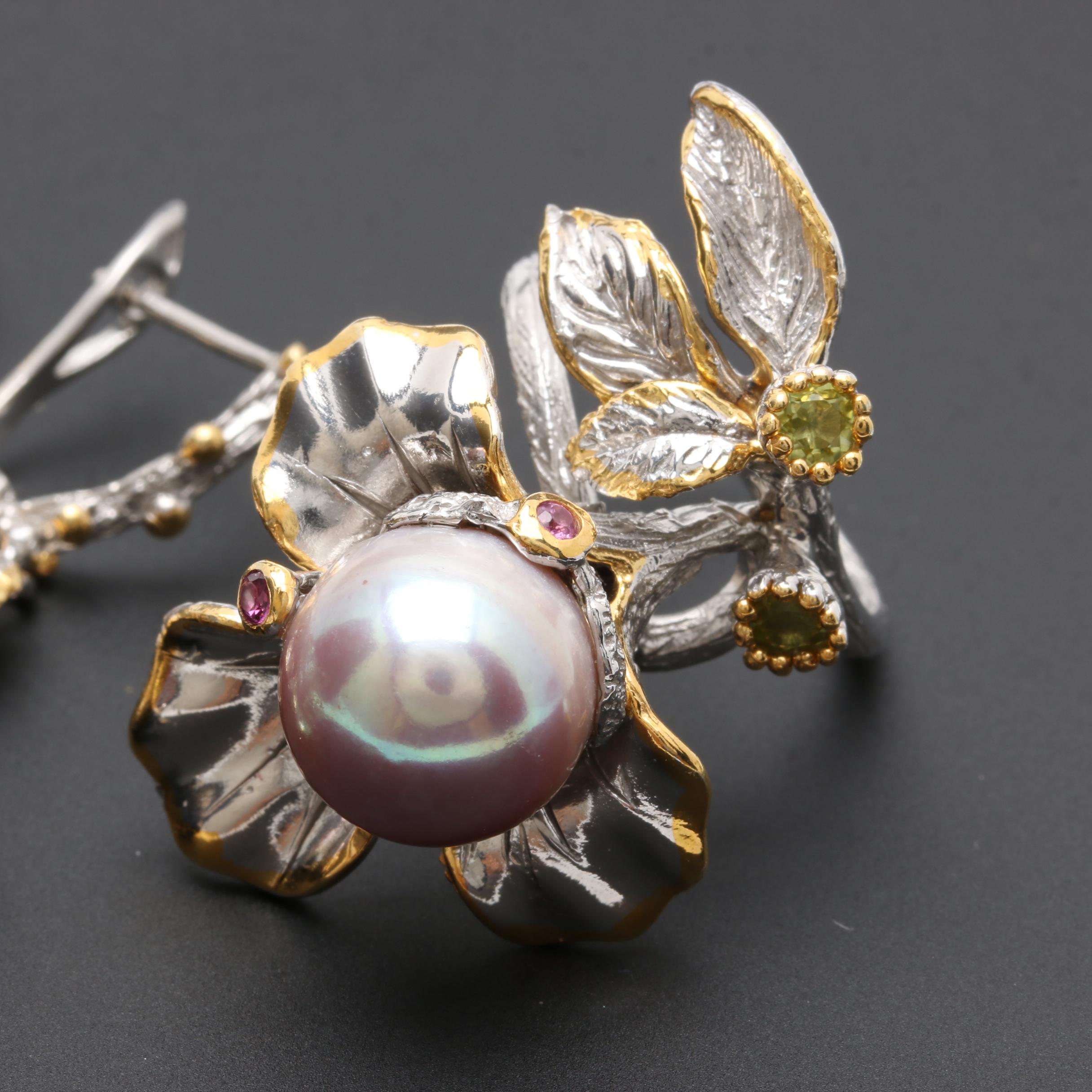 Sterling Silver Cultured Pearl, Peridot, and Garnet Floral Demi Parure
