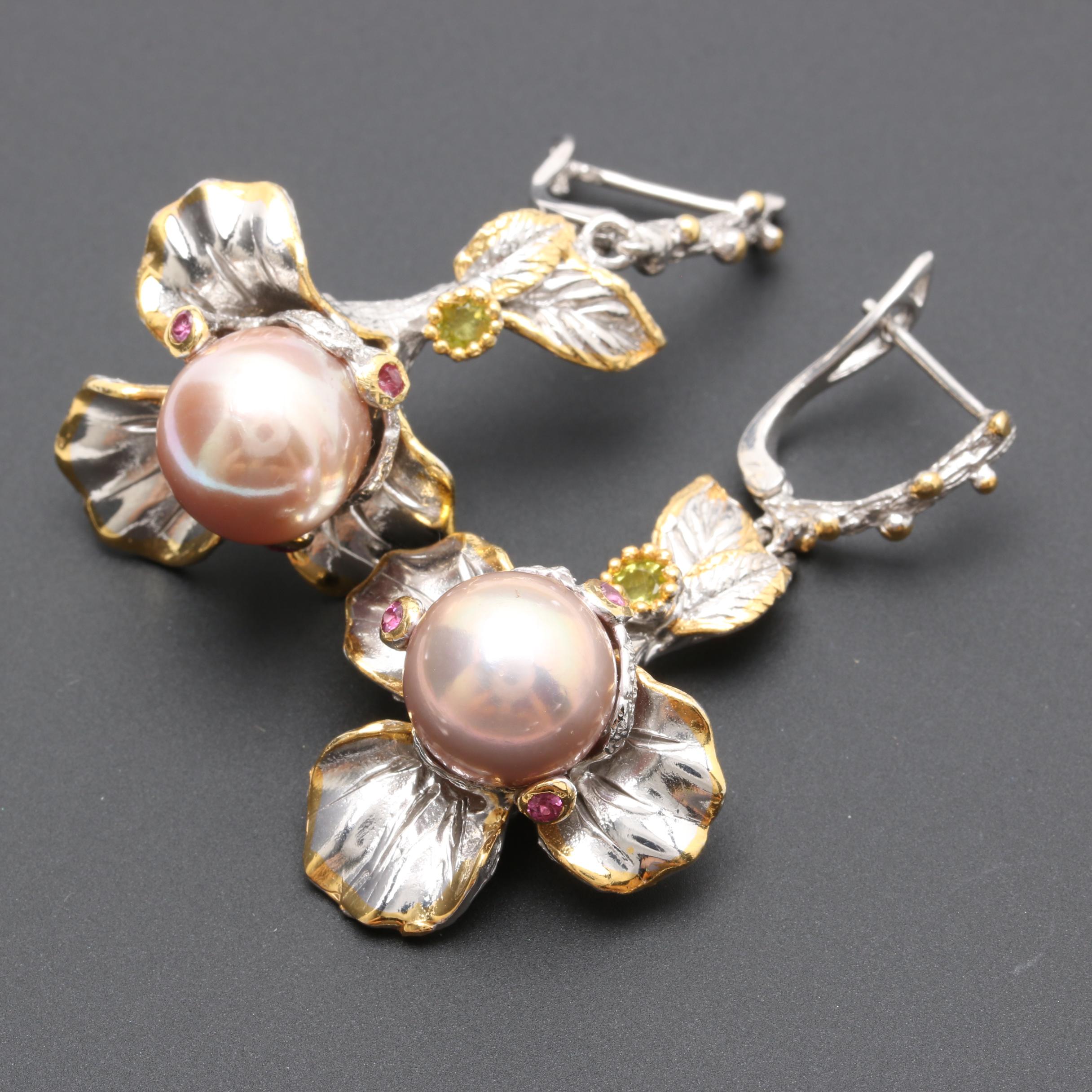 Sterling Silver Cultured Pearl, Peridot, and Garnet Floral Demi Parure