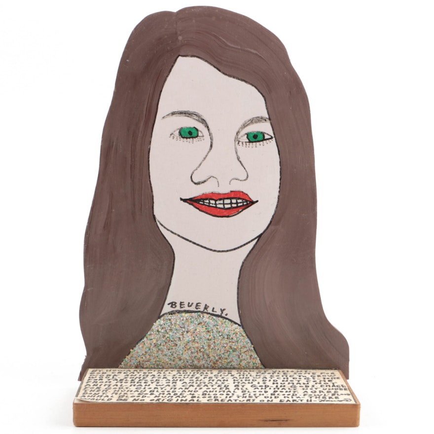 Howard Finster Mixed Media on Shaped Wood Shelf Piece "Beverly"