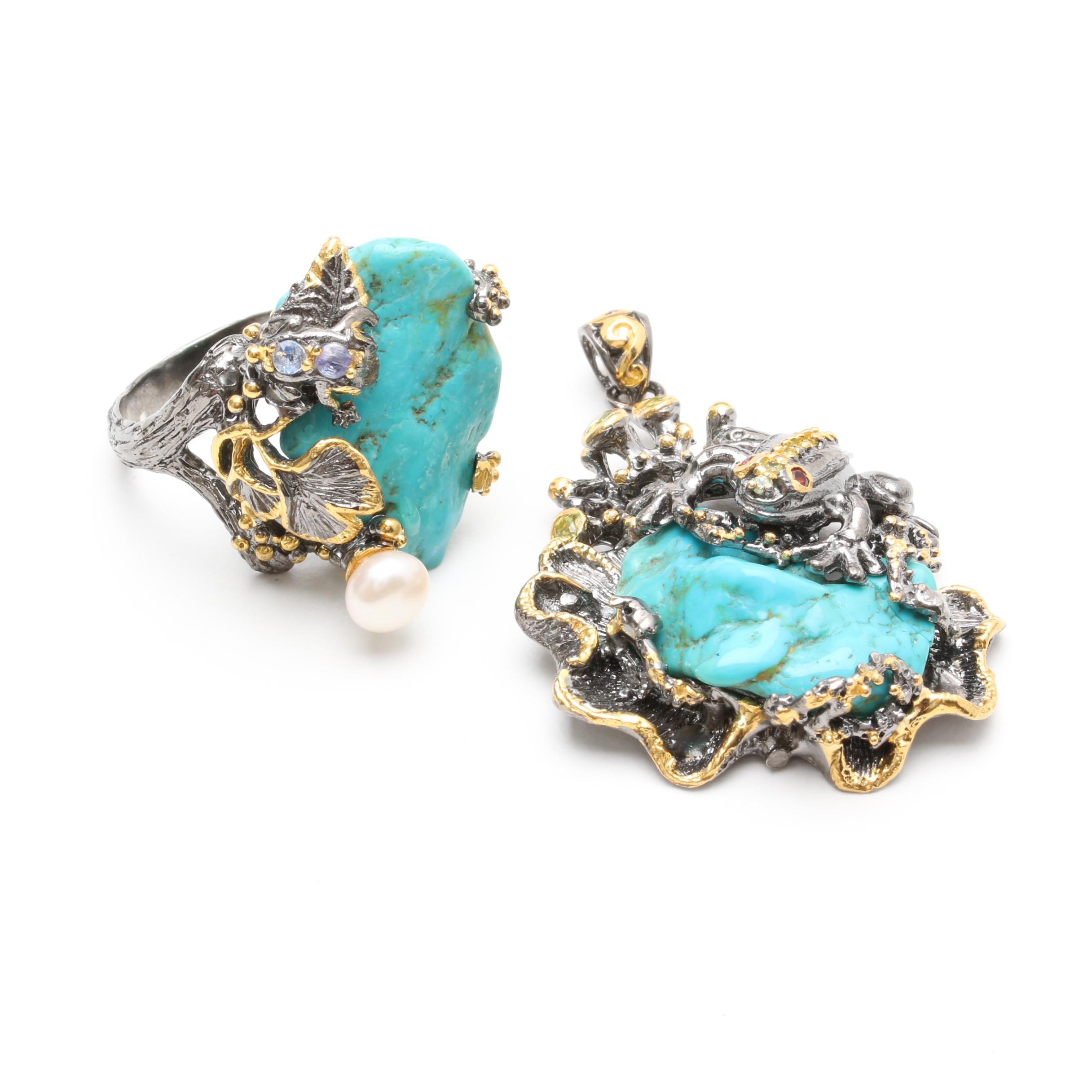 Sterling Silver Multi-Gemstone Frog and Flower Ring and Pendant With Turquoise