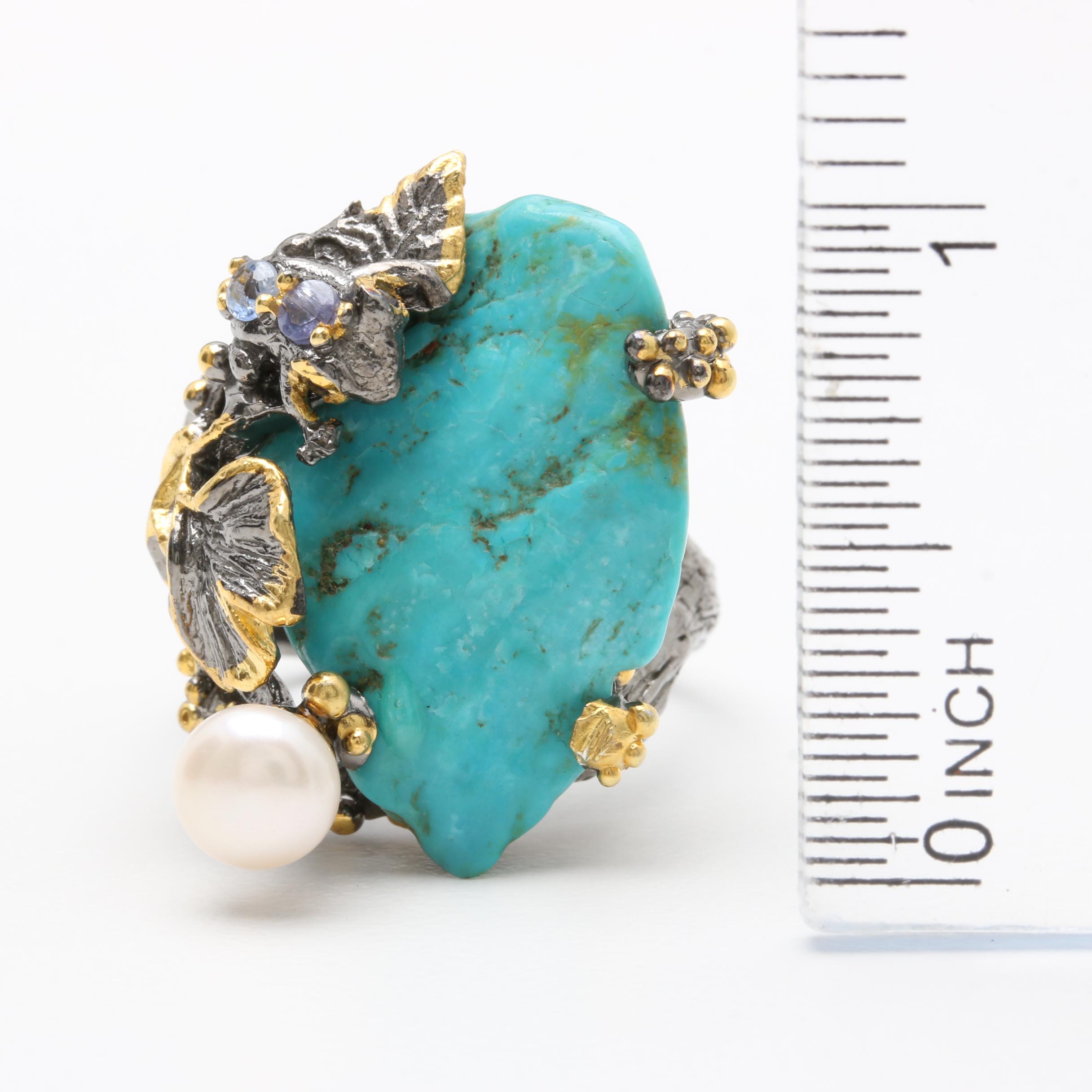 Sterling Silver Multi-Gemstone Frog and Flower Ring and Pendant With Turquoise