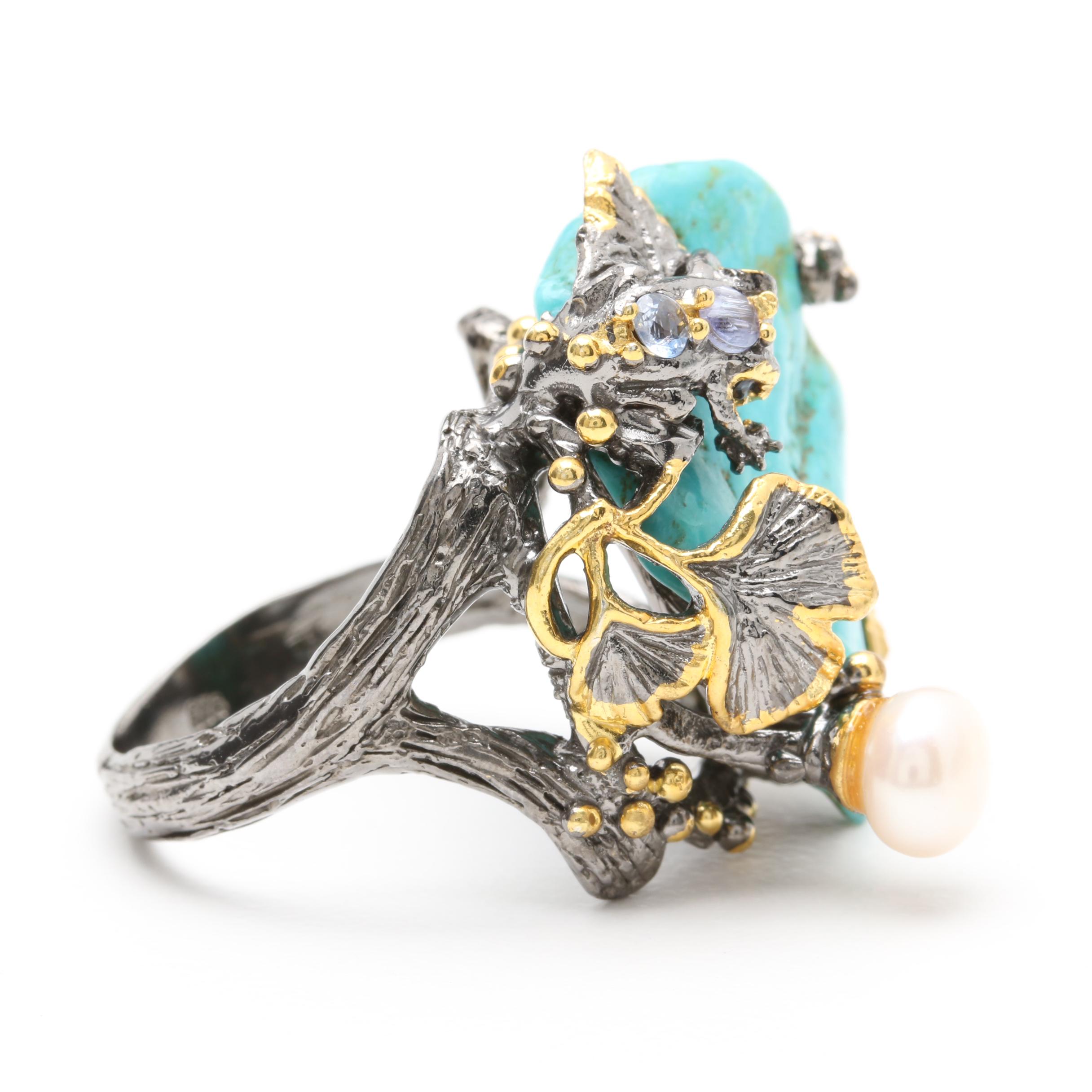 Sterling Silver Multi-Gemstone Frog and Flower Ring and Pendant With Turquoise