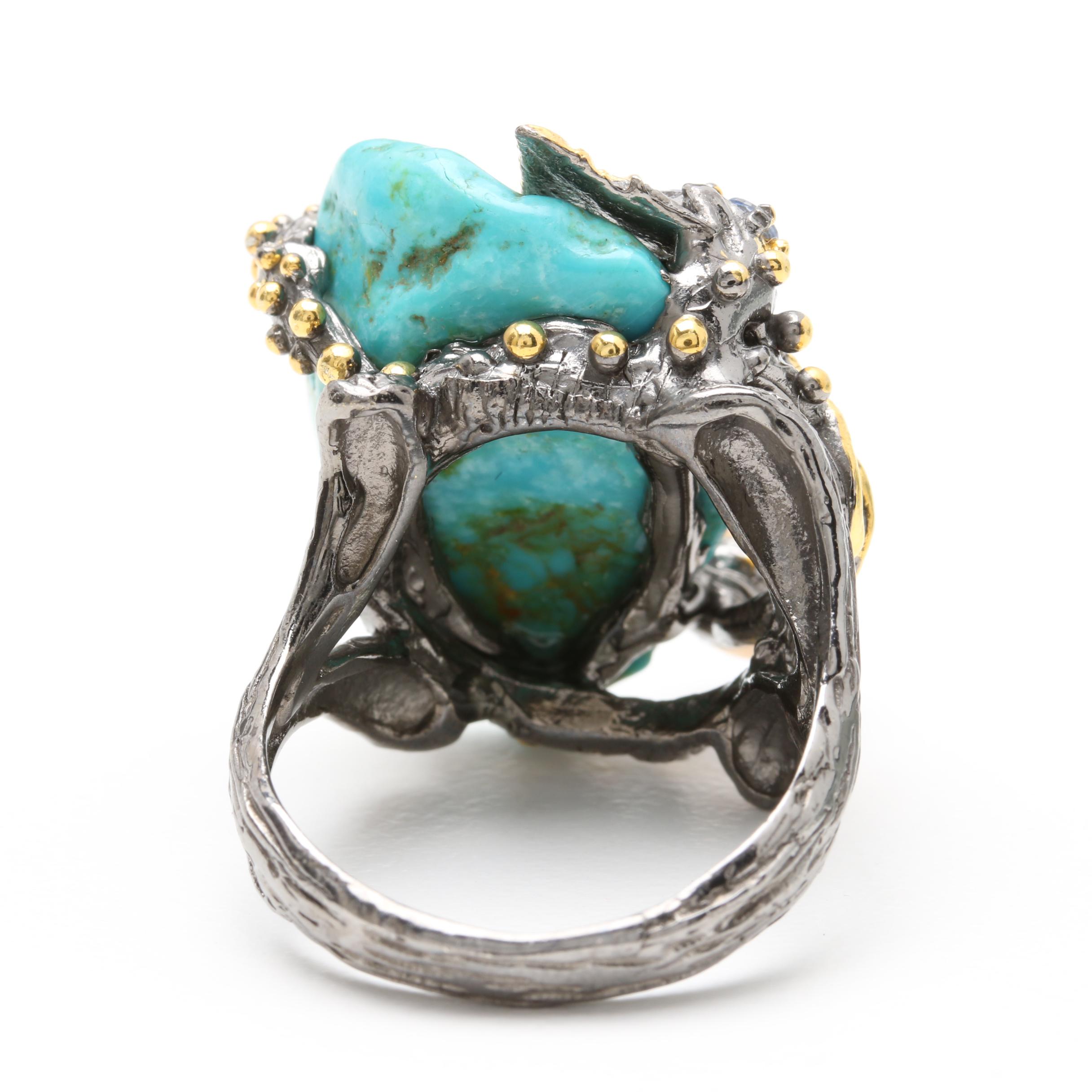 Sterling Silver Multi-Gemstone Frog and Flower Ring and Pendant With Turquoise