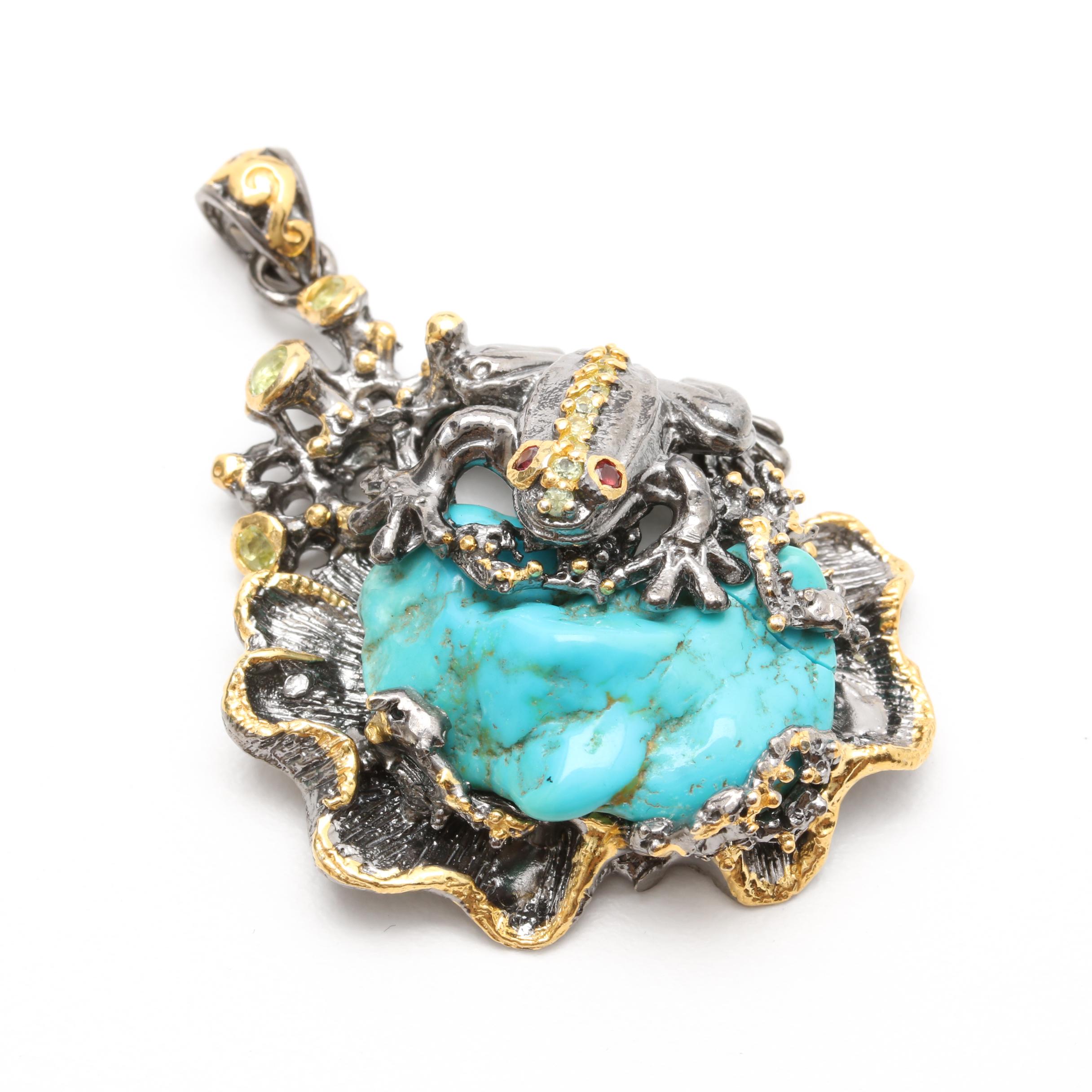 Sterling Silver Multi-Gemstone Frog and Flower Ring and Pendant With Turquoise