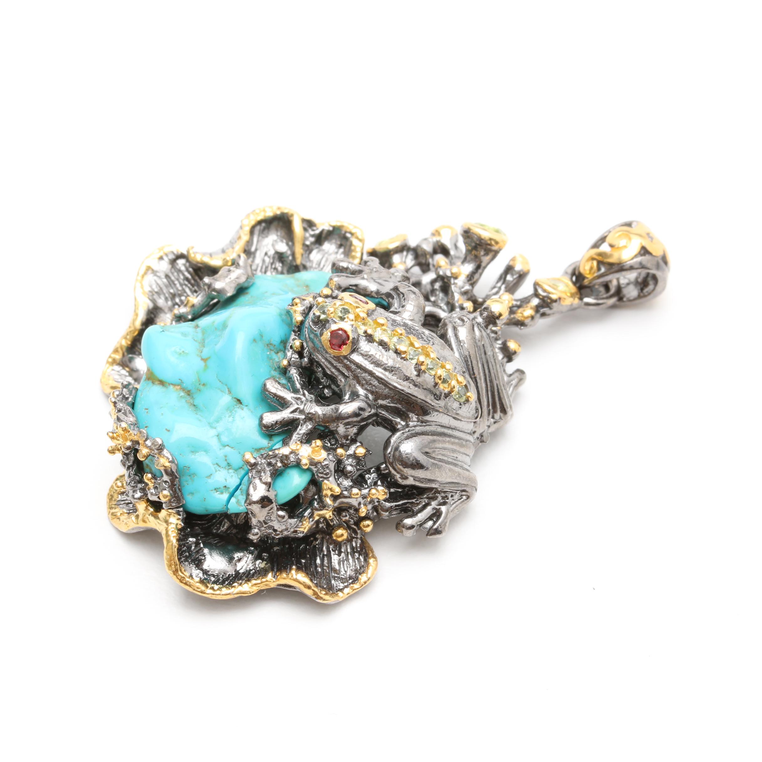 Sterling Silver Multi-Gemstone Frog and Flower Ring and Pendant With Turquoise