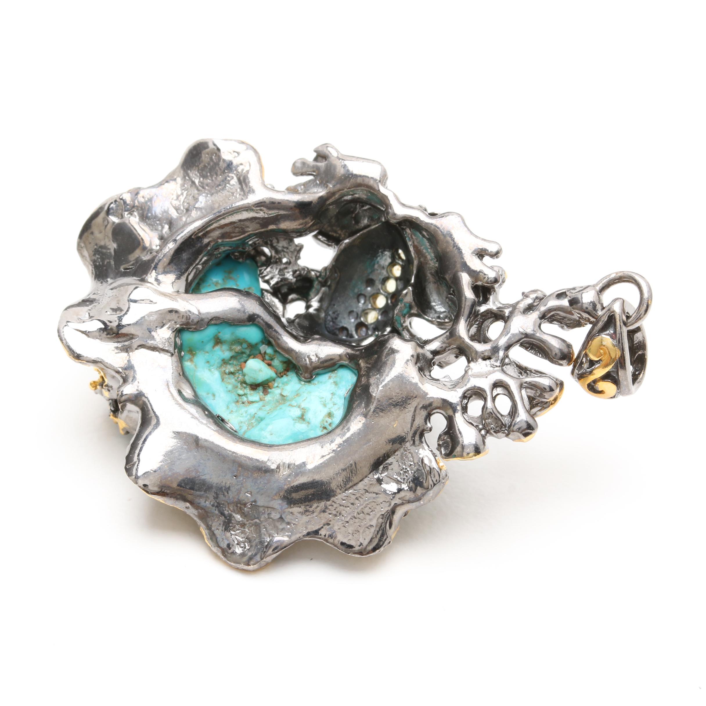 Sterling Silver Multi-Gemstone Frog and Flower Ring and Pendant With Turquoise