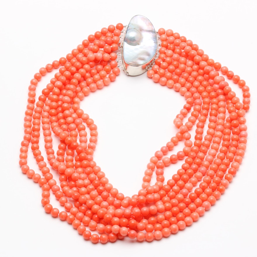 Sterling Silver Coral and Blister Pearl/ Shell Necklace