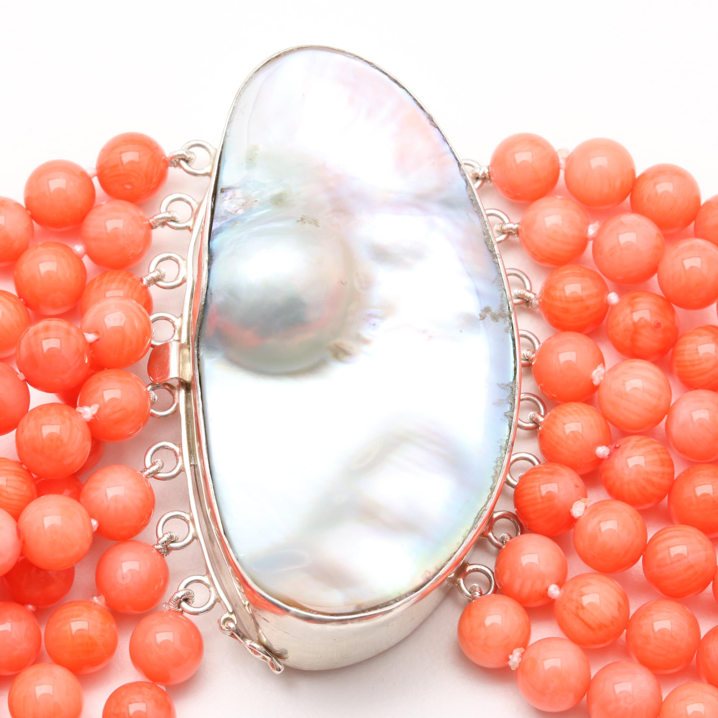 Sterling Silver Coral and Blister Pearl/ Shell Necklace