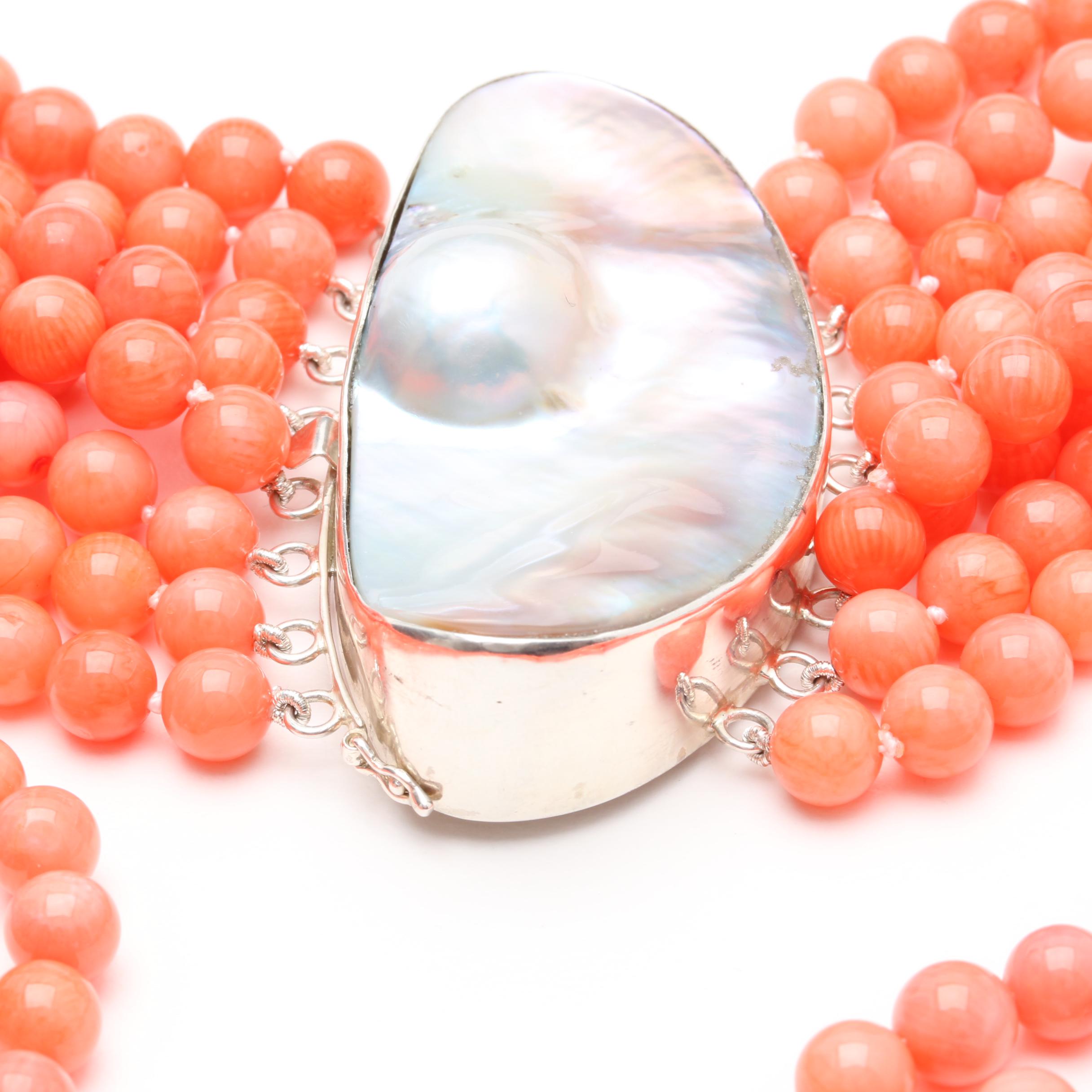 Sterling Silver Coral and Blister Pearl/ Shell Necklace
