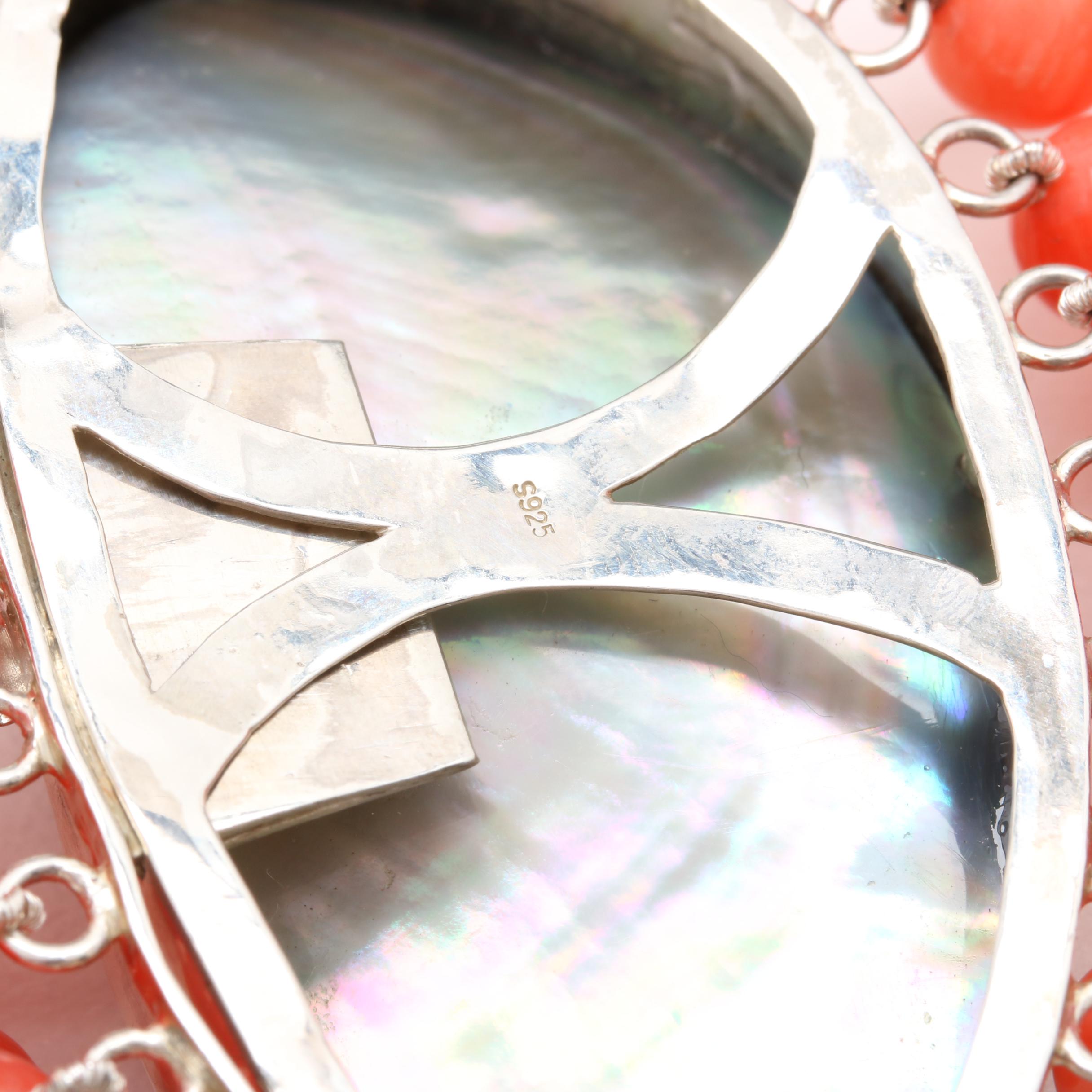 Sterling Silver Coral and Blister Pearl/ Shell Necklace