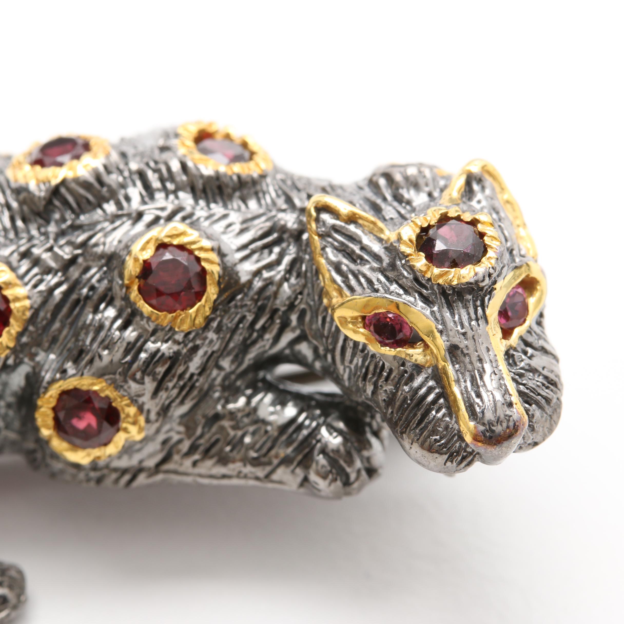 Sterling Silver Garnet Exotic Cat Brooch with Gold Wash Accents