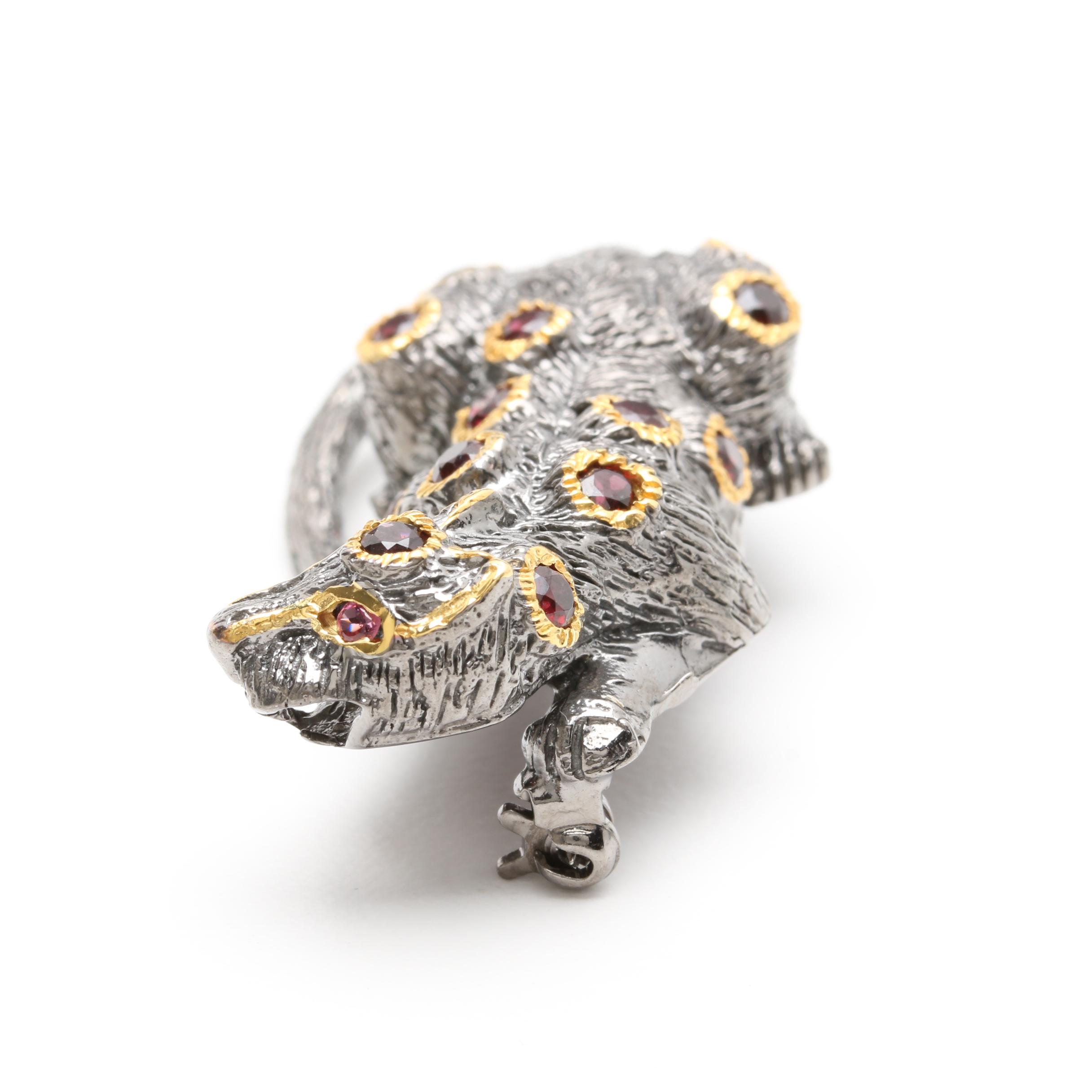 Sterling Silver Garnet Exotic Cat Brooch with Gold Wash Accents