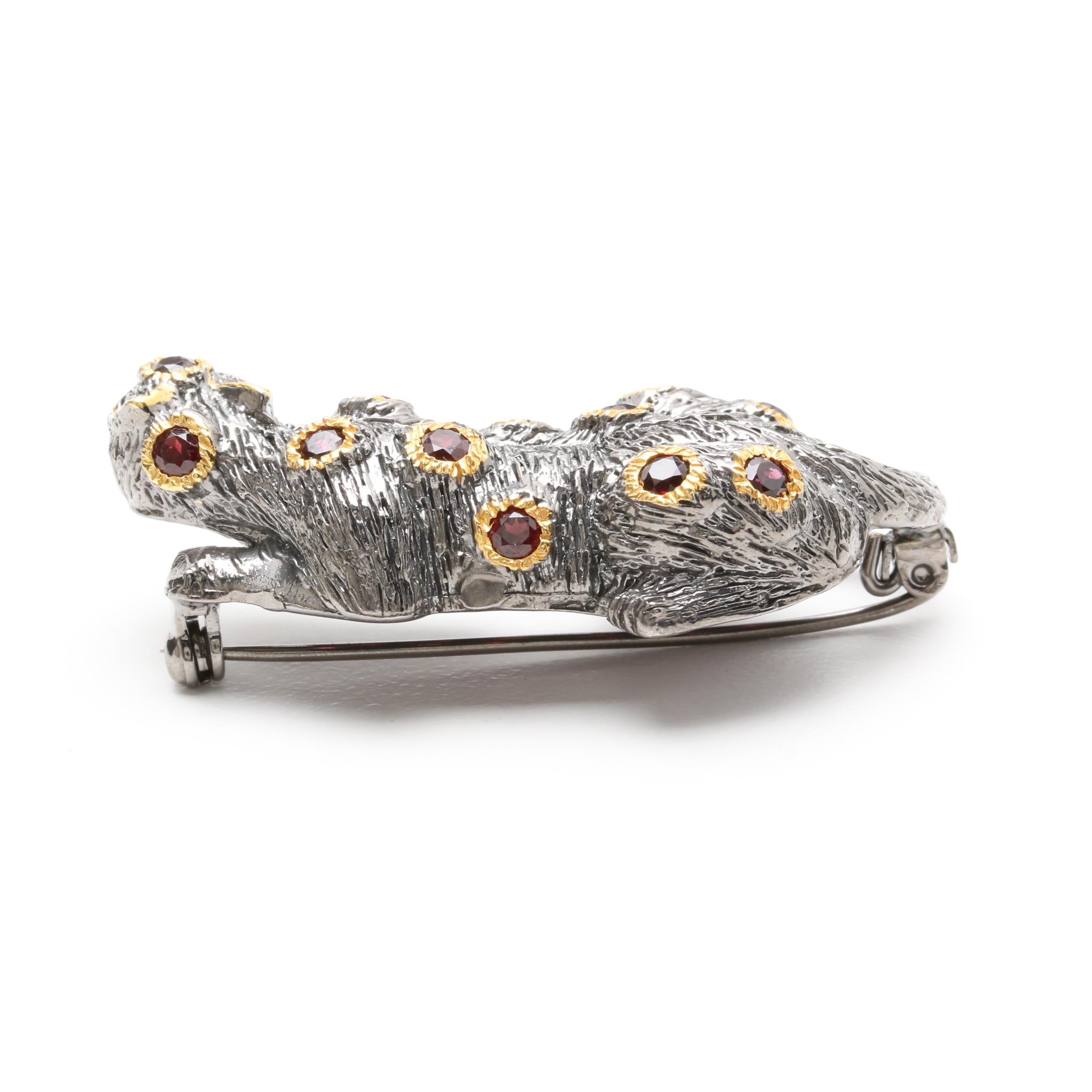 Sterling Silver Garnet Exotic Cat Brooch with Gold Wash Accents