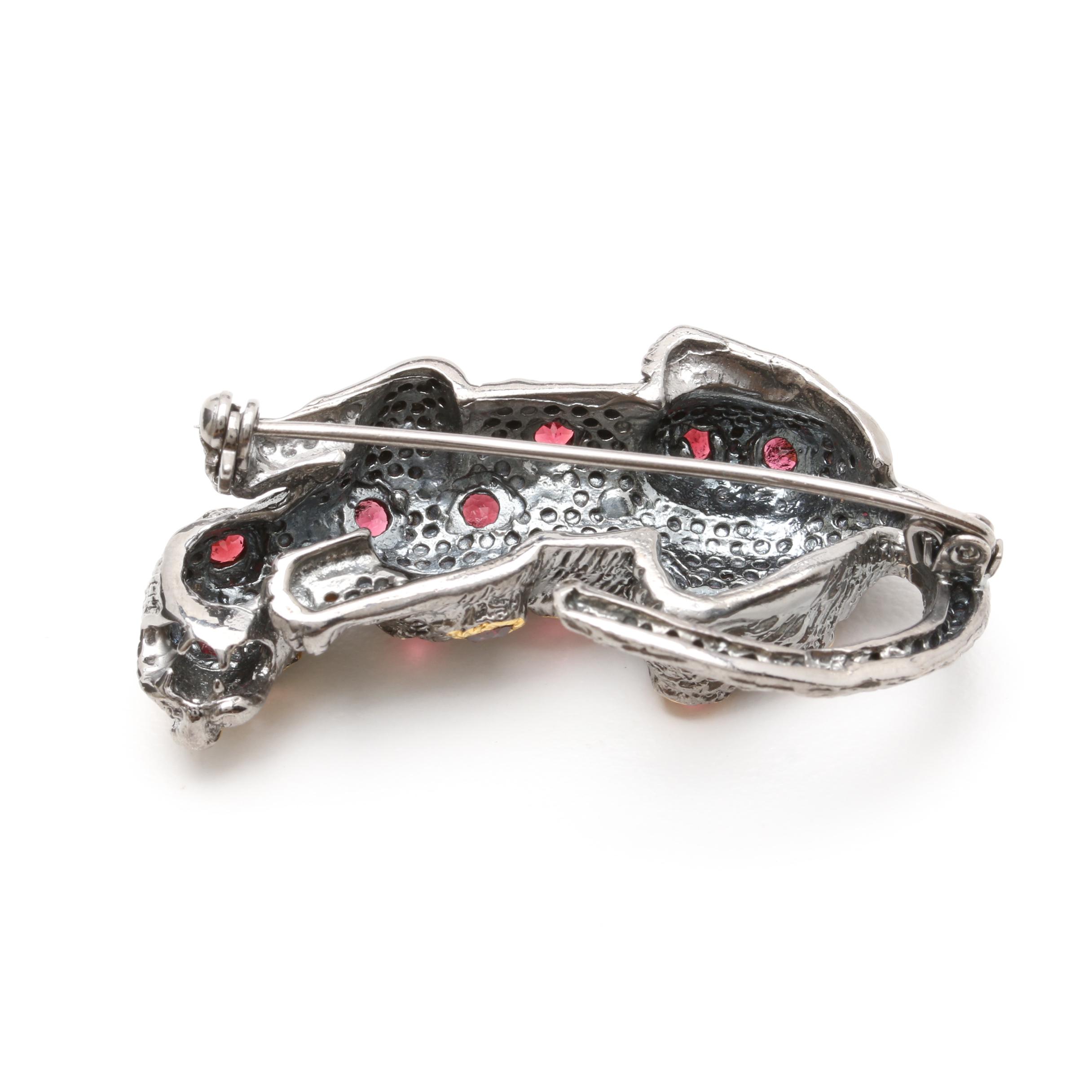 Sterling Silver Garnet Exotic Cat Brooch with Gold Wash Accents